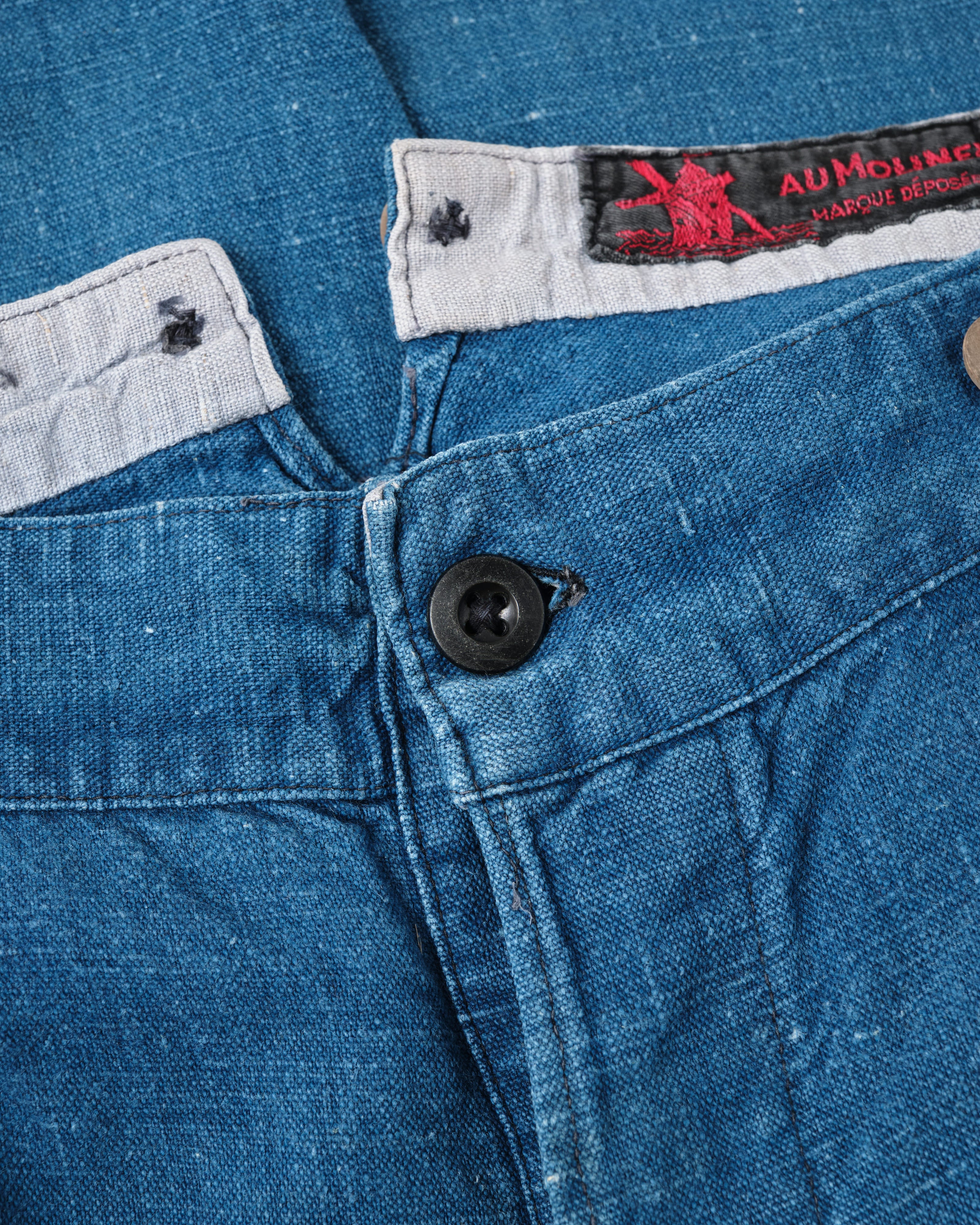 【~30's】French Vintage Indigo Hemp Linen Work Pants "Patchwork" "AU MOLINEL"