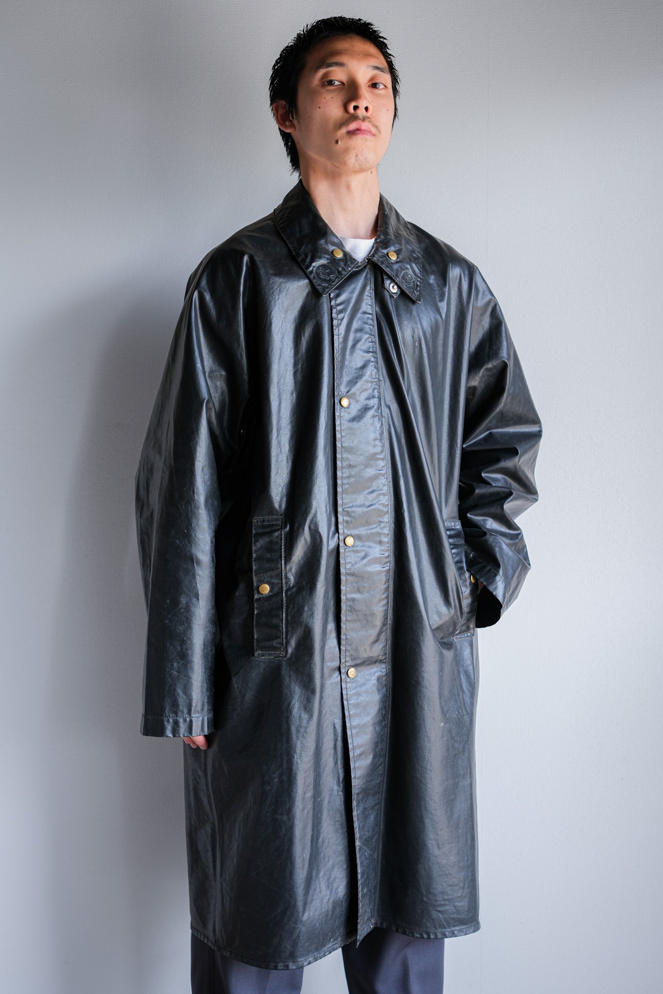 [〜60年代]法國復古raglan袖子防水雨外套，帶木皮帶“ ptt”