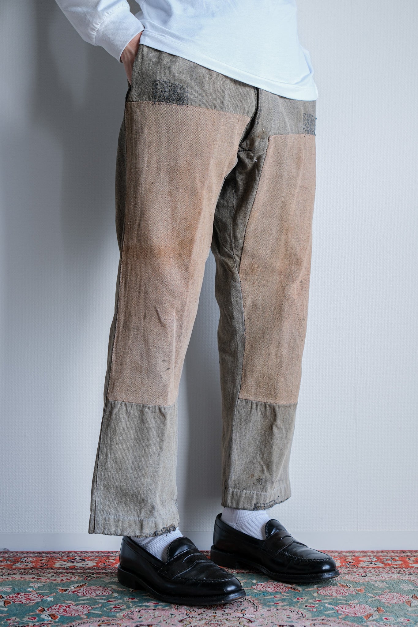 ［~10's］French Antique Brown Salt & Pepper Cotton Twill Work Pants "Patchwork"