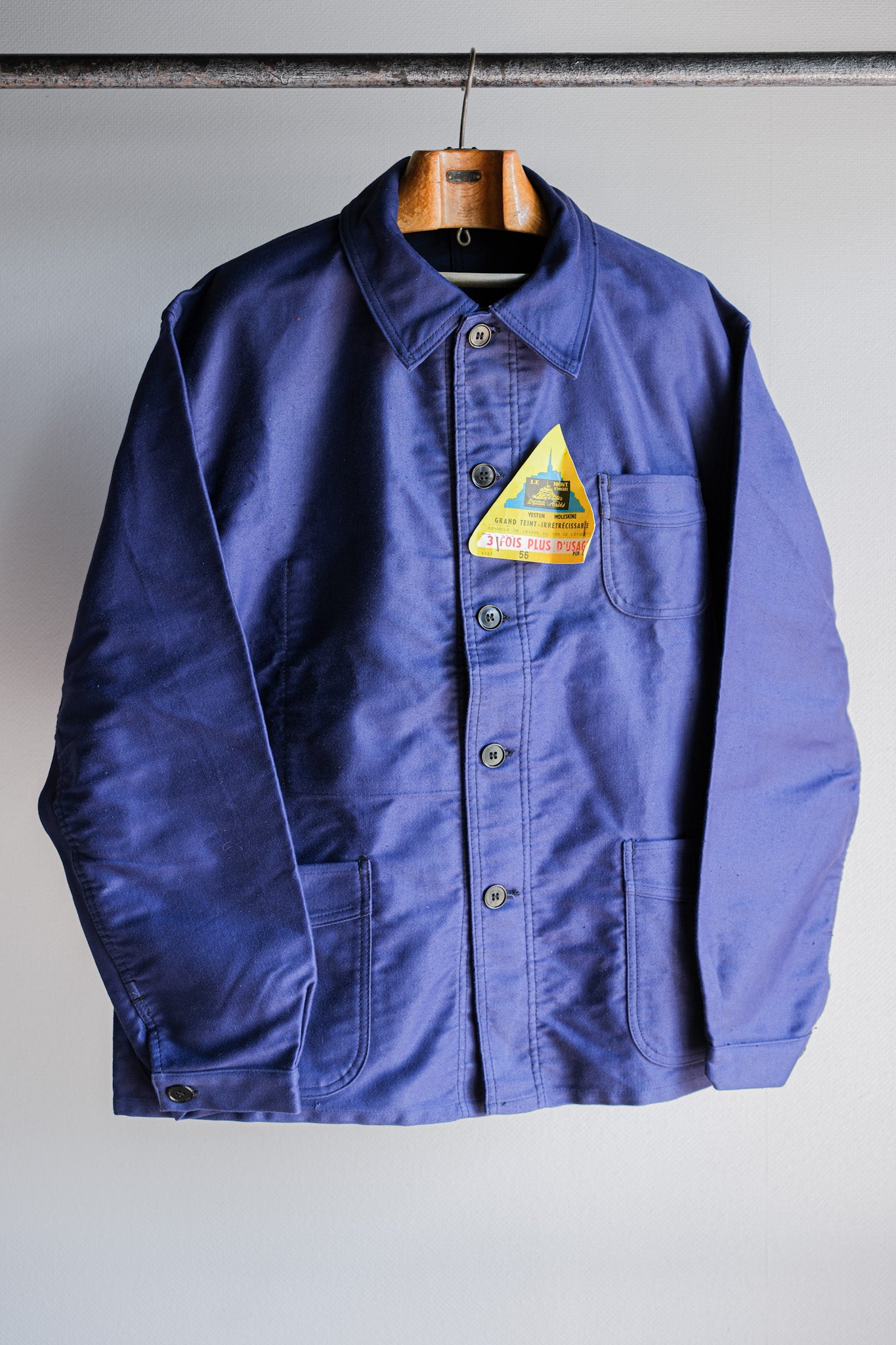 【~50’s】French Vintage Blue Moleskin Work Jacket Size.56 "Le Mont St. Michel" "Dead Stock"