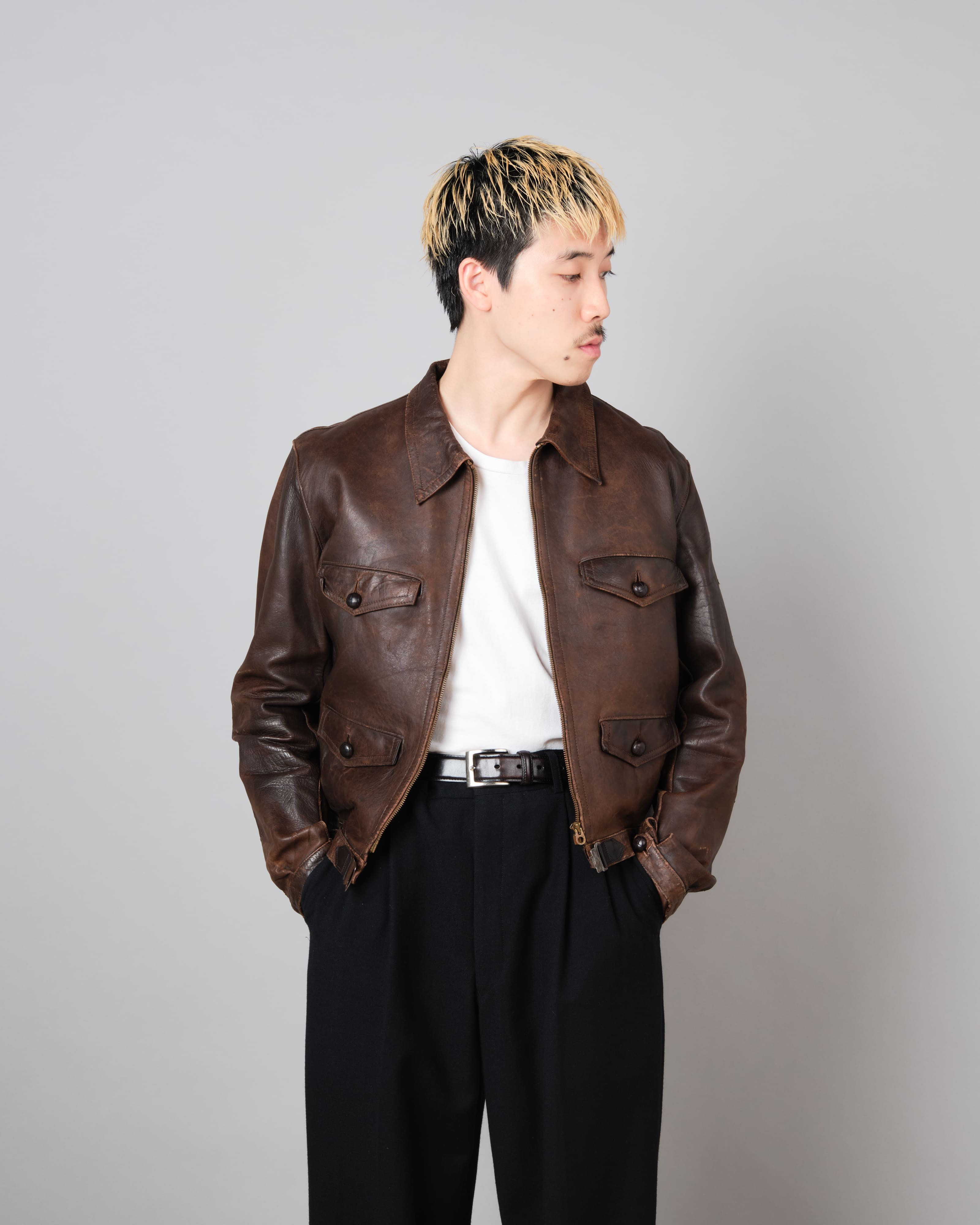 [~ 30's] แจ็คเก็ตหนังมอเตอร์ไซค์ French Vintage 4 Pockets