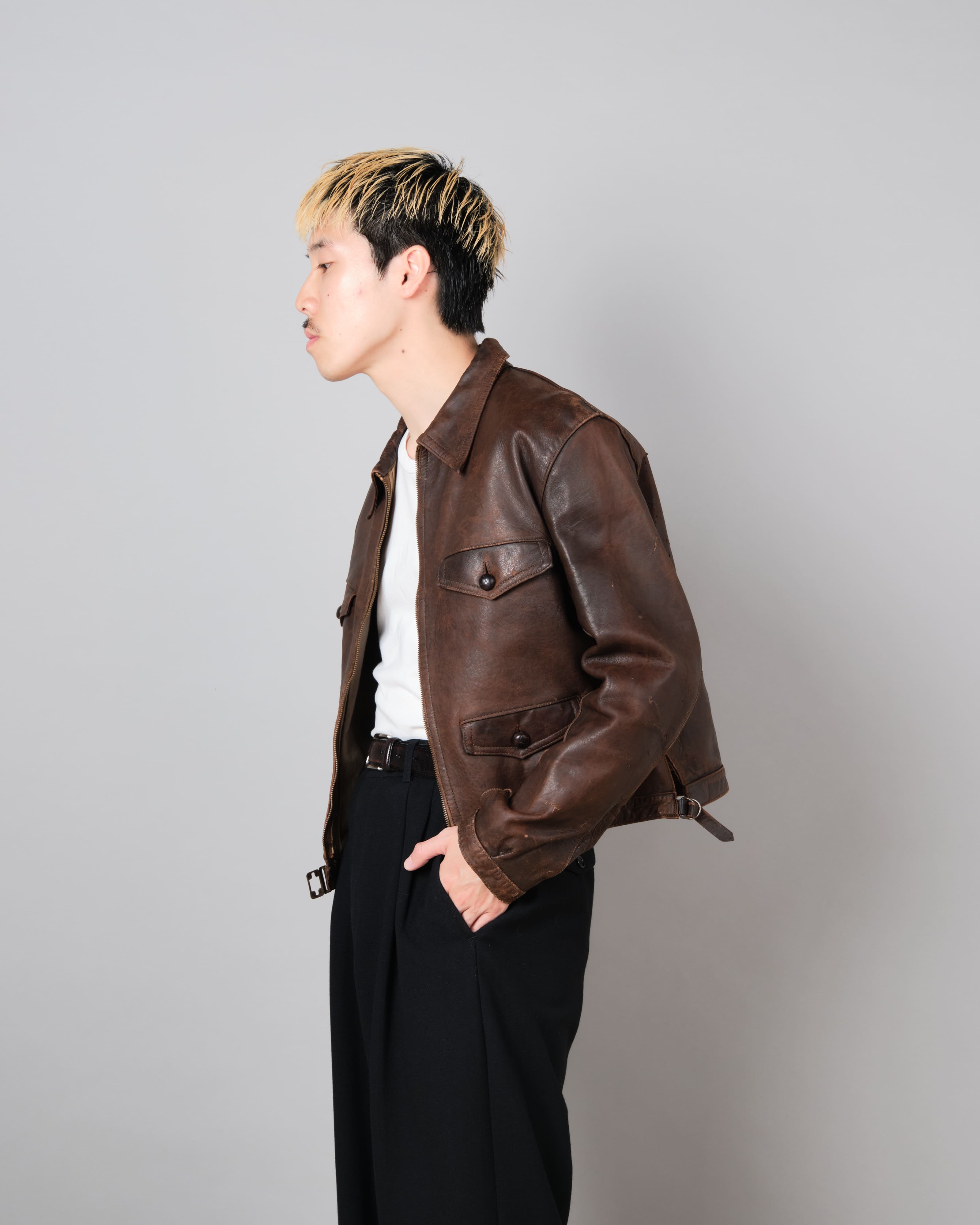 [~ 30's] แจ็คเก็ตหนังมอเตอร์ไซค์ French Vintage 4 Pockets