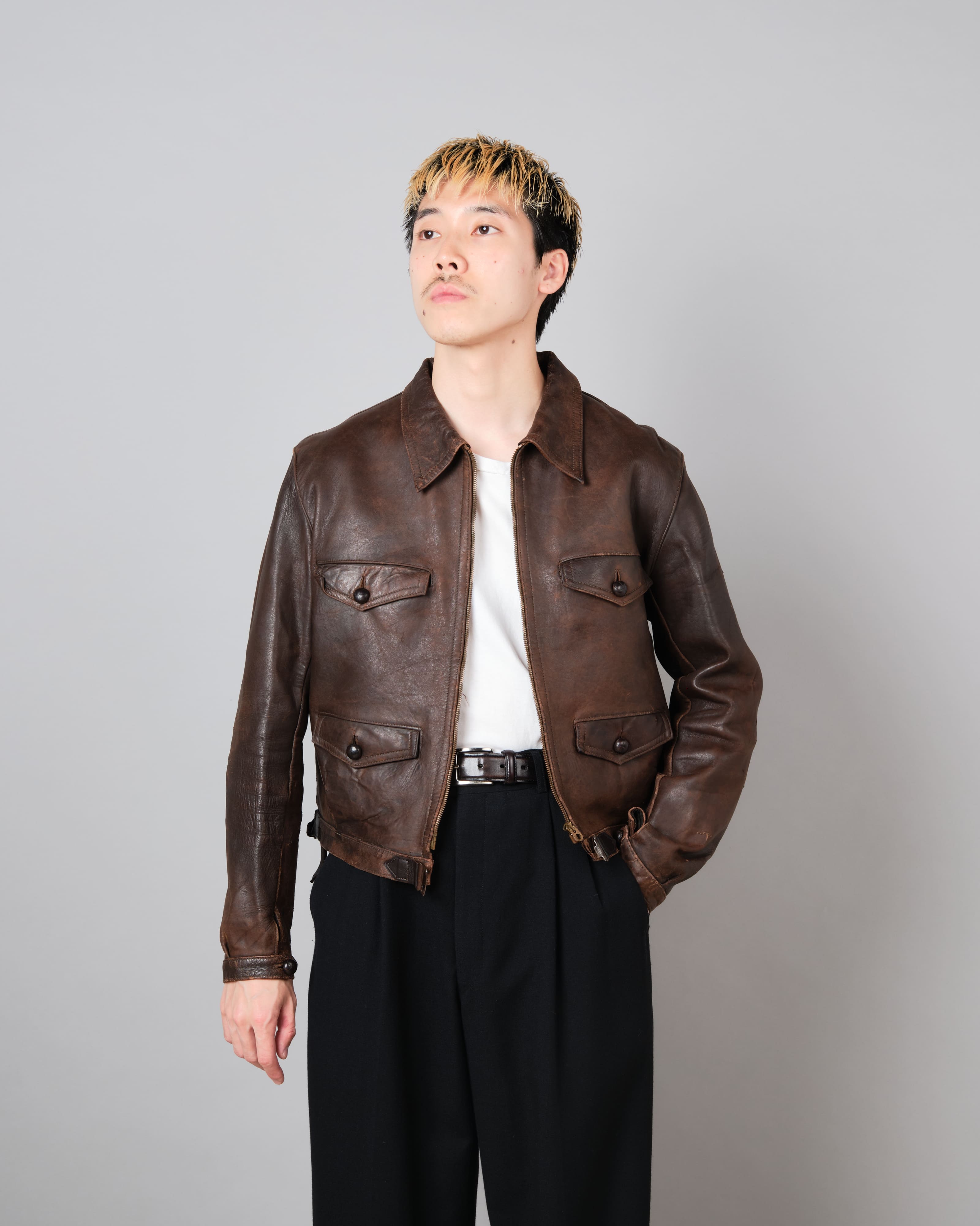 [~ 30's] แจ็คเก็ตหนังมอเตอร์ไซค์ French Vintage 4 Pockets