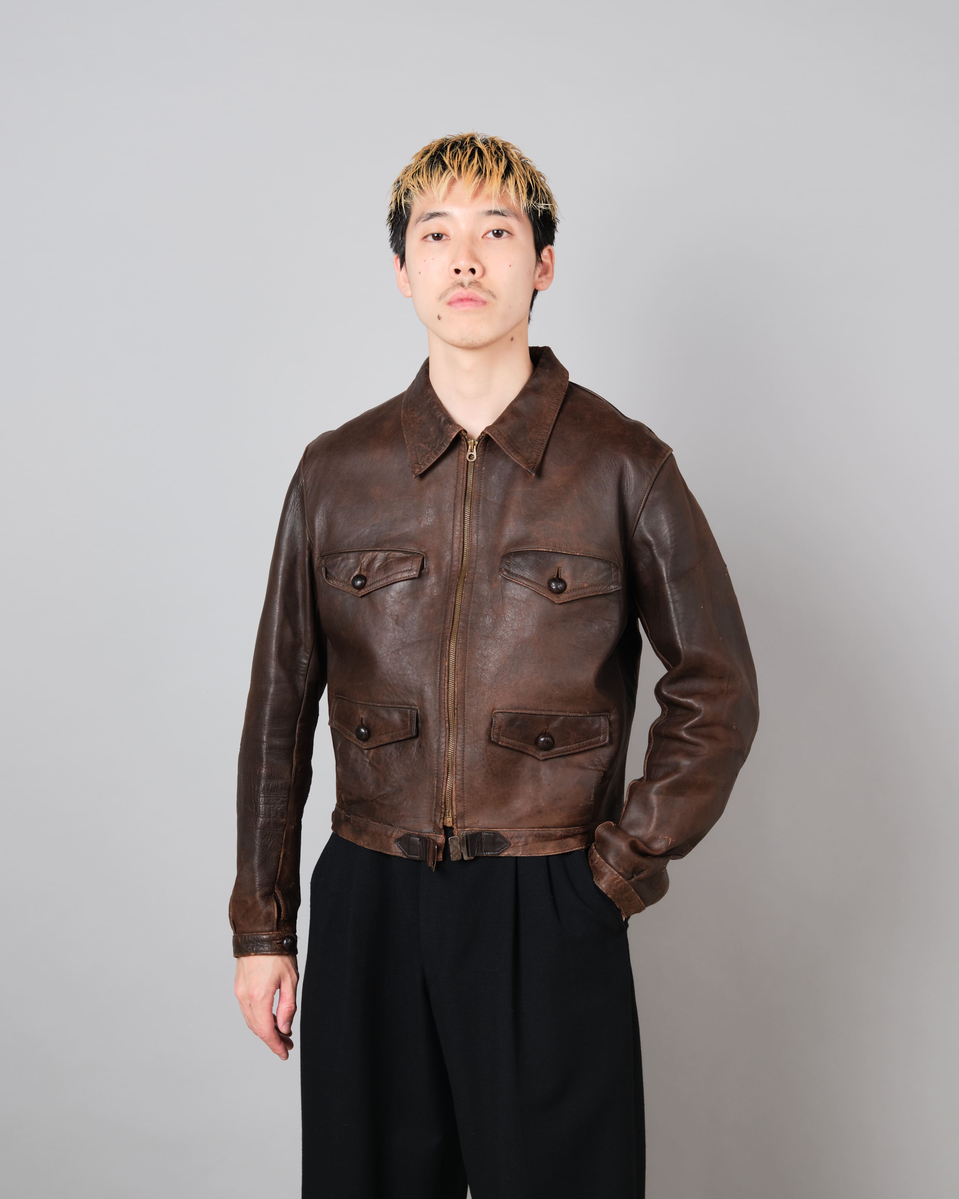 [~ 30's] แจ็คเก็ตหนังมอเตอร์ไซค์ French Vintage 4 Pockets