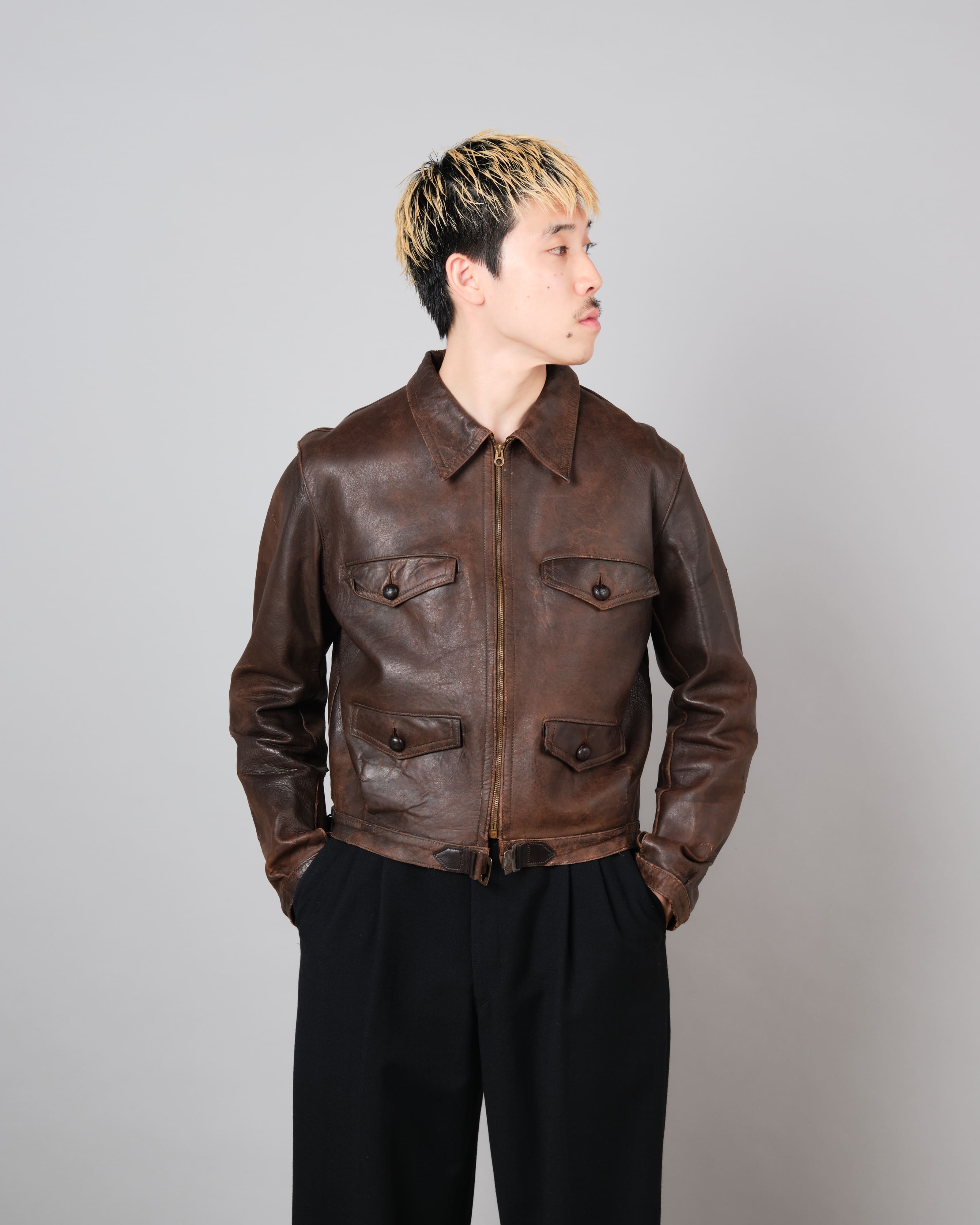 [~ 30's] แจ็คเก็ตหนังมอเตอร์ไซค์ French Vintage 4 Pockets