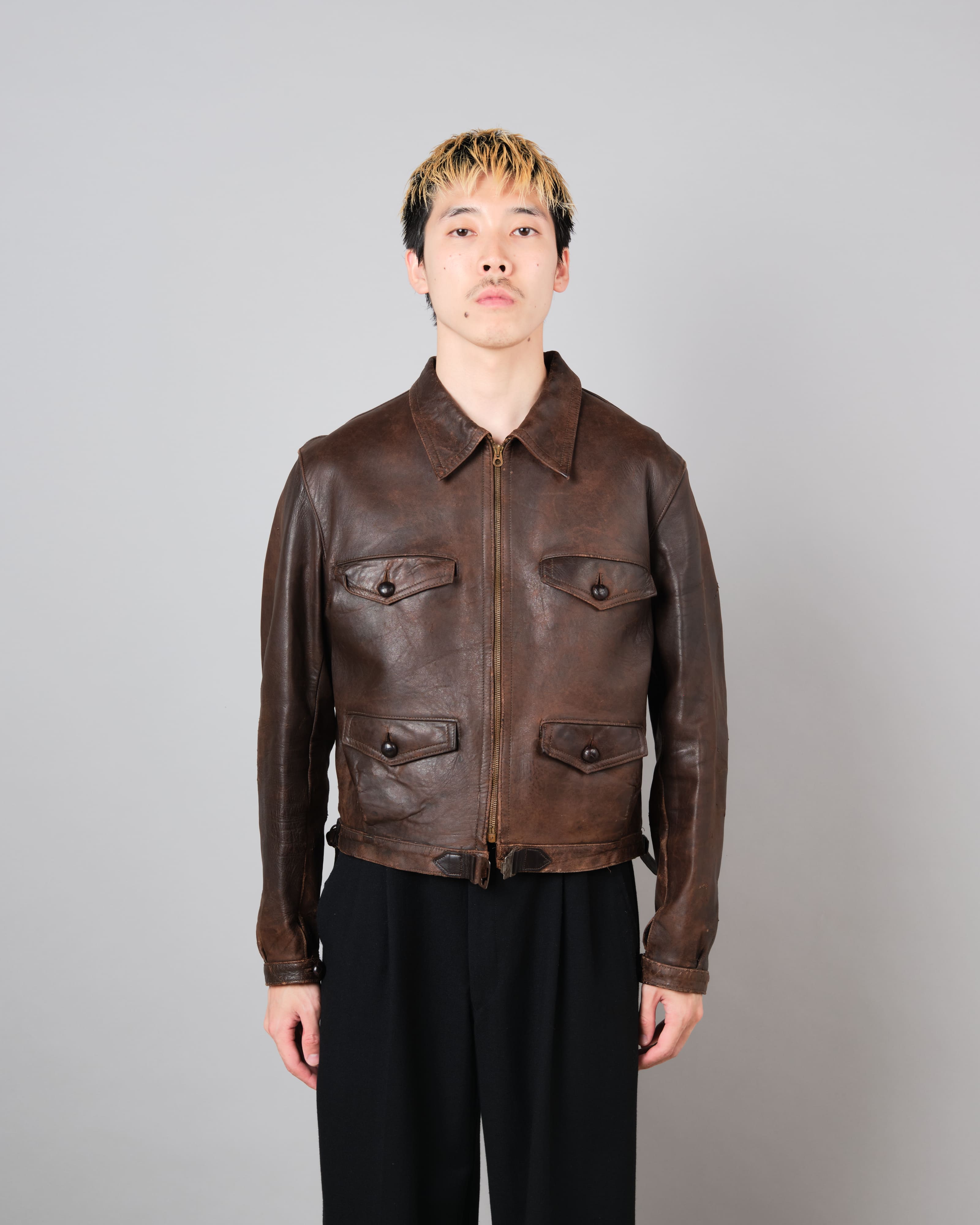 [~ 30's] แจ็คเก็ตหนังมอเตอร์ไซค์ French Vintage 4 Pockets