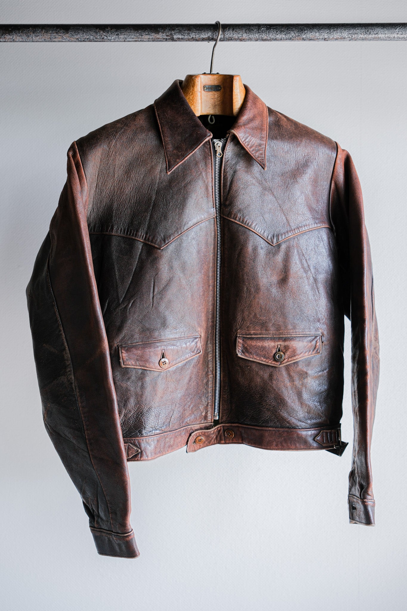 [~ 40 '] 프랑스 빈티지 가죽 사이클리스트 재킷