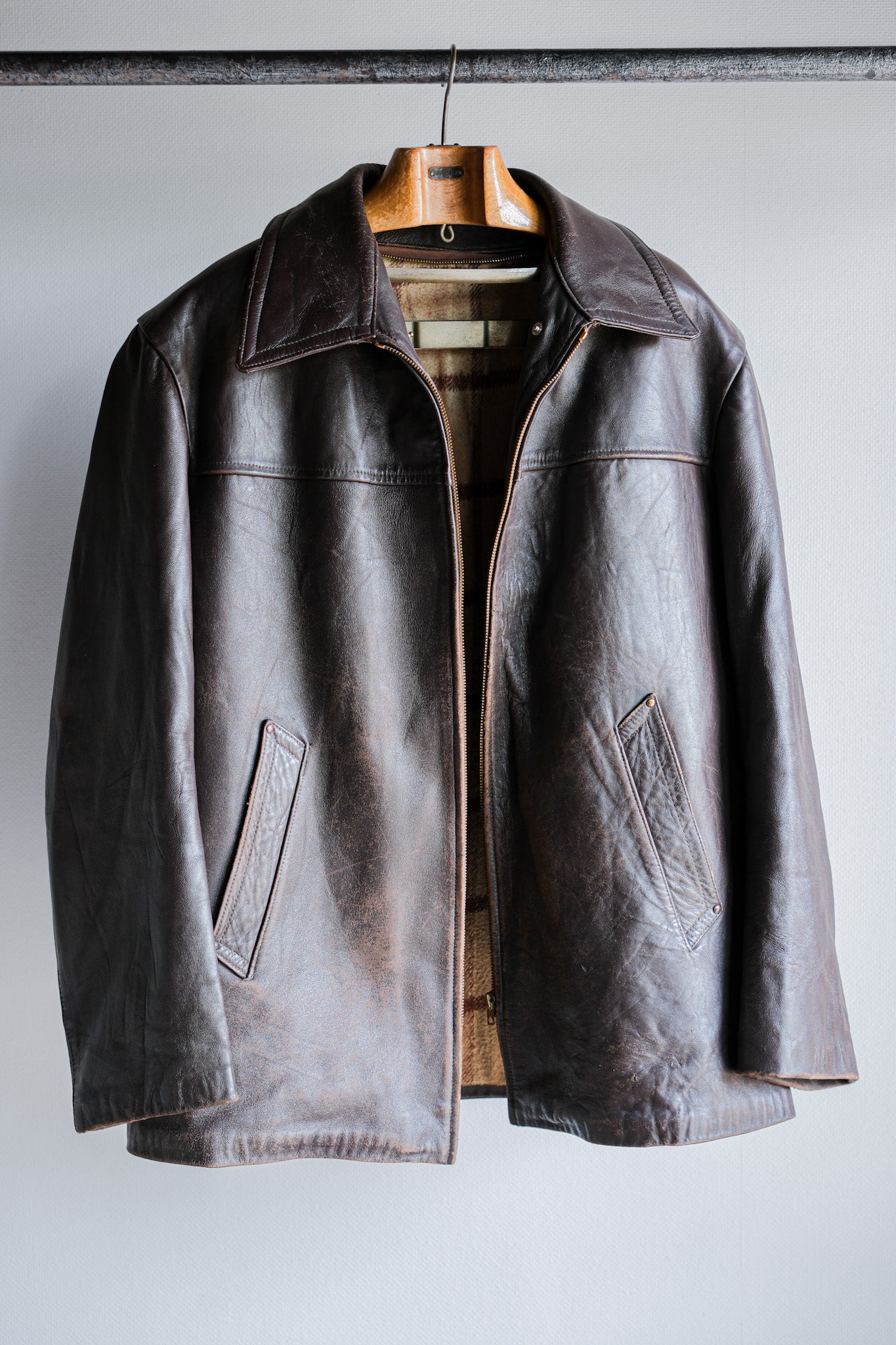 [〜50年代]法國復古拉鍊上皮革工作夾克尺寸。52“ Adolphe Lafont”