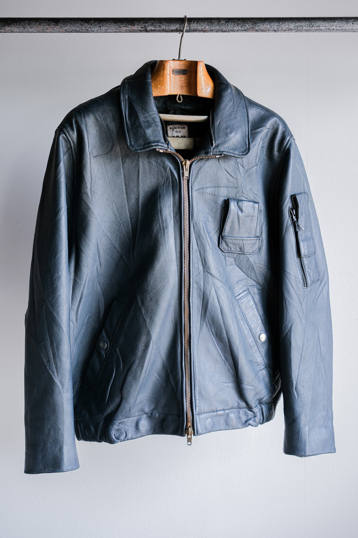 ［~70's］French Air Force Pilot Leather Jacket With Chin Strap Size.96M