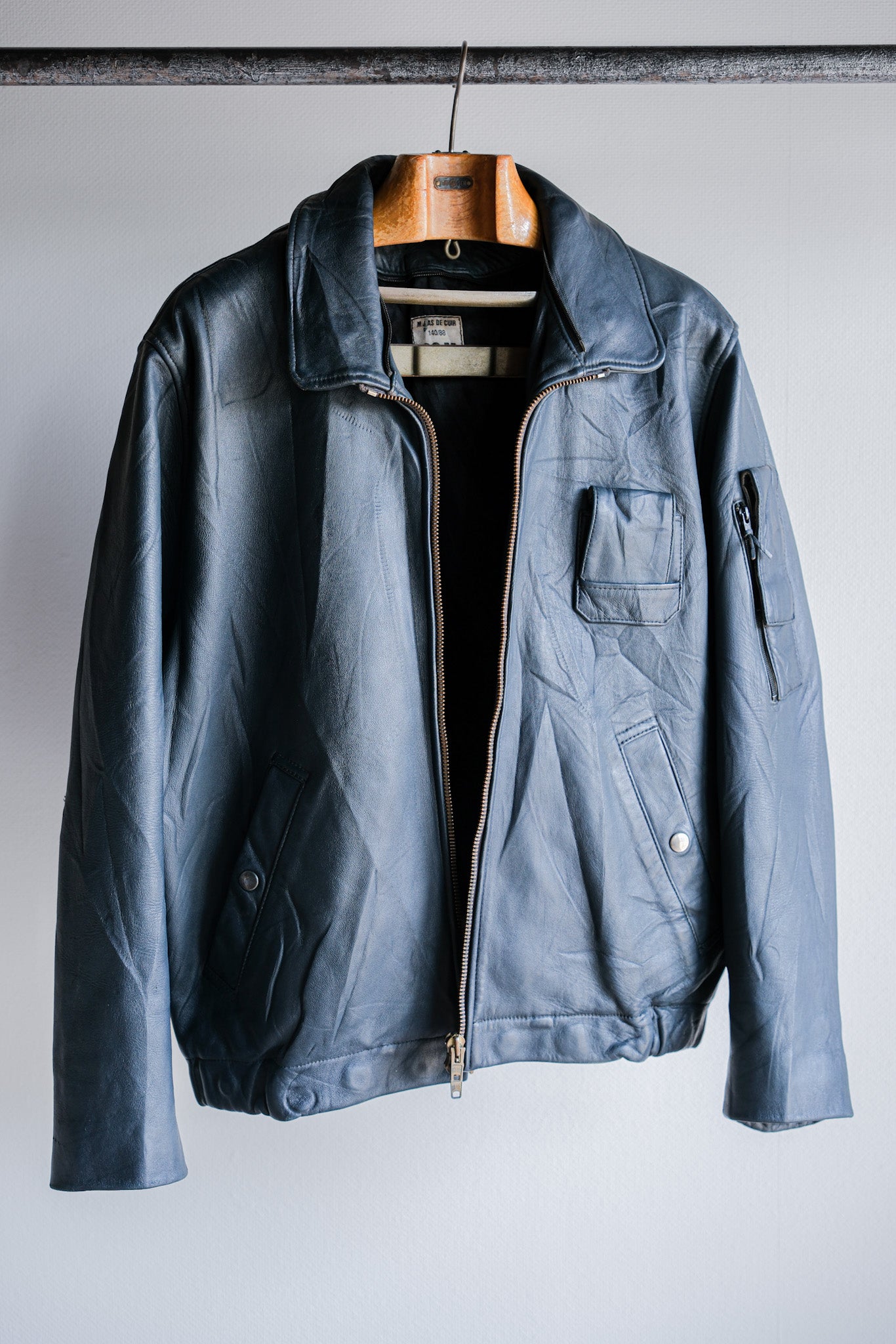 ［~70's］French Air Force Pilot Leather Jacket With Chin Strap Size.96M