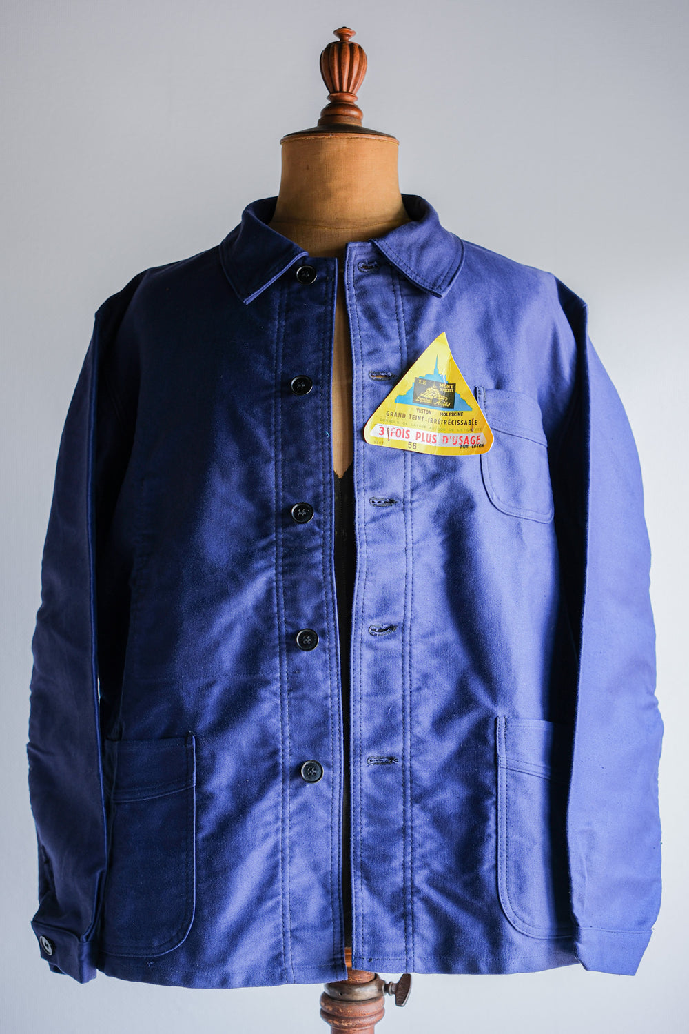 【~50’s】French Vintage Blue Moleskin Work Jacket Size.56 "Le Mont St. Michel" "Dead Stock"