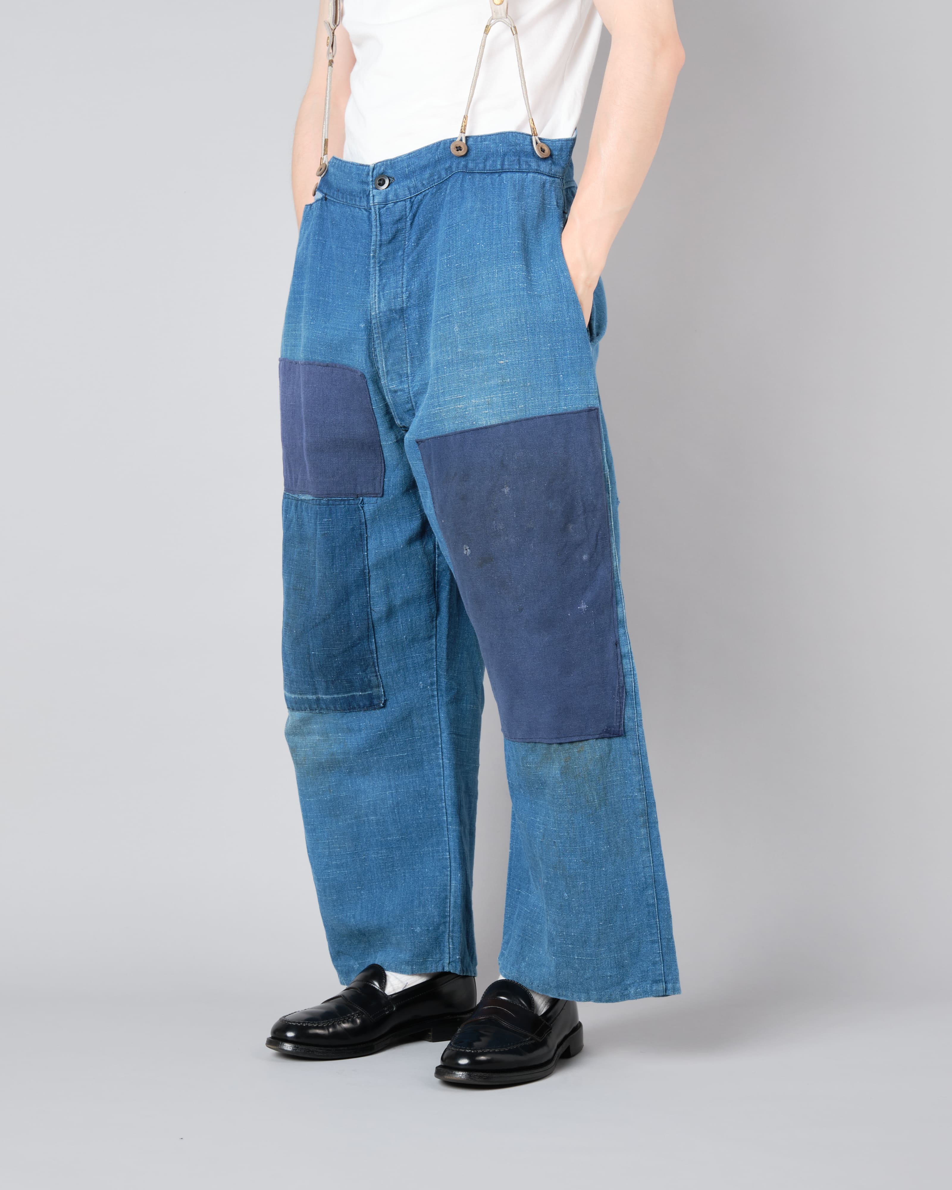 【~30's】French Vintage Indigo Hemp Linen Work Pants "Patchwork" "AU MOLINEL"