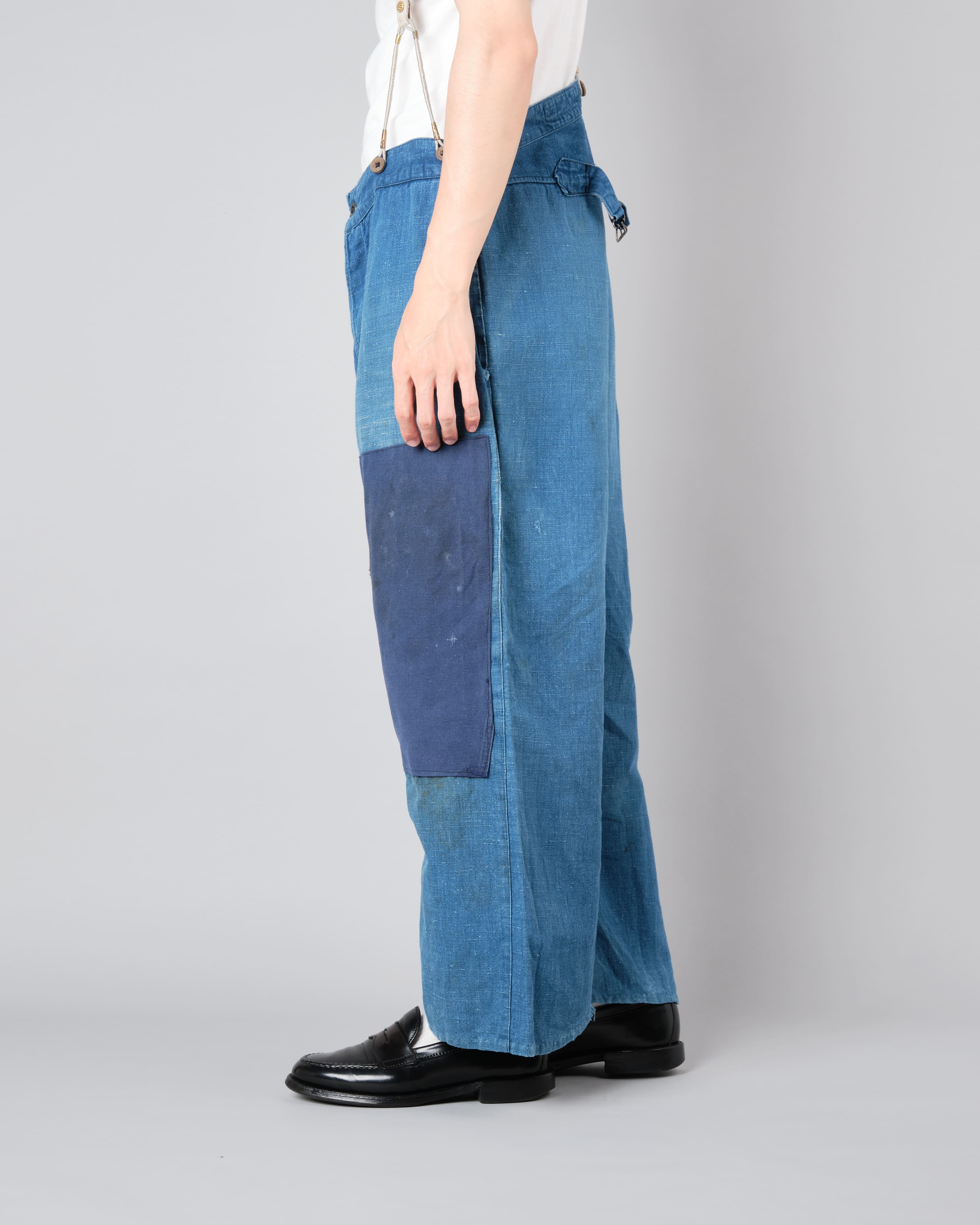 【~30's】French Vintage Indigo Hemp Linen Work Pants "Patchwork" "AU MOLINEL"