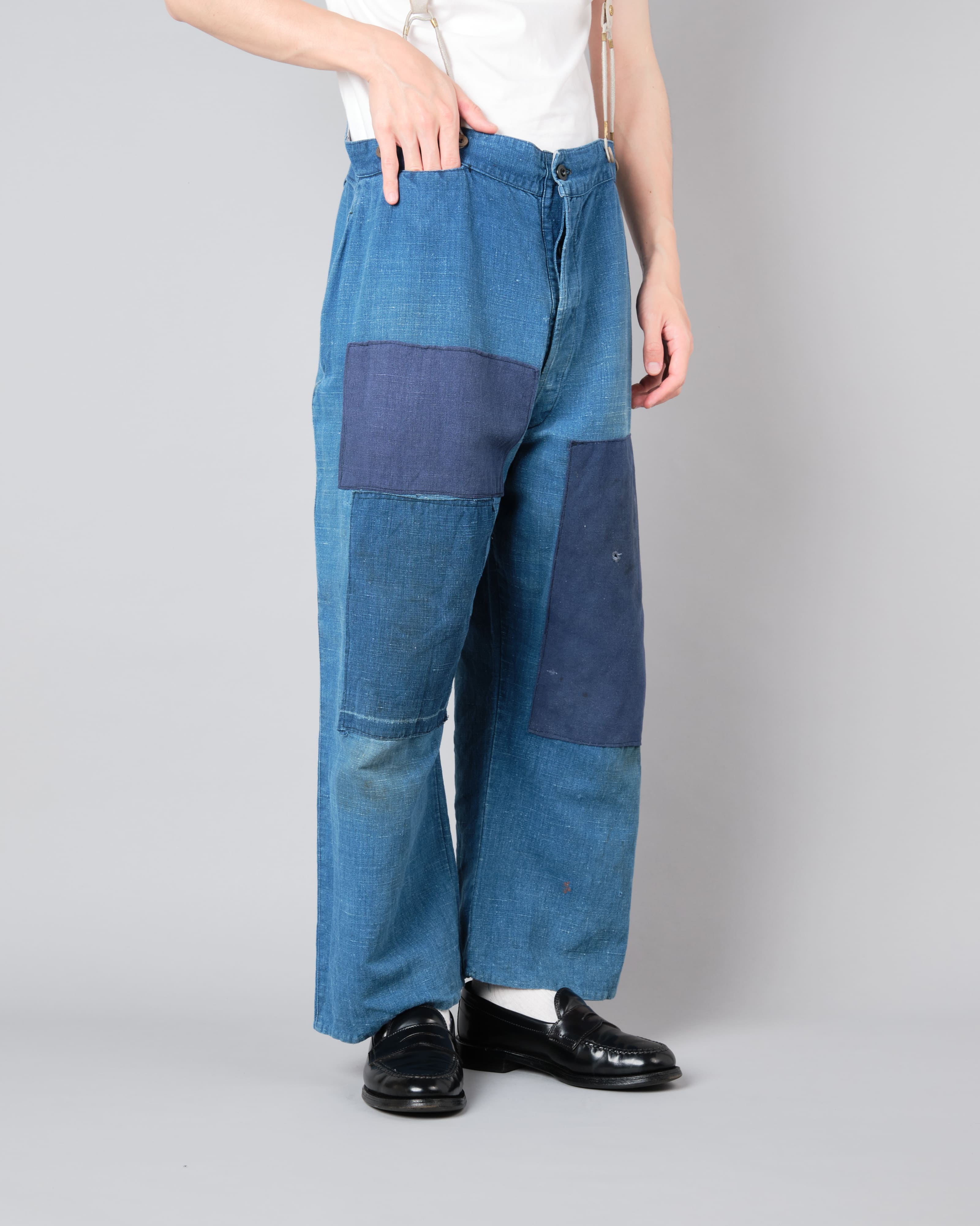 【~30's】French Vintage Indigo Hemp Linen Work Pants "Patchwork" "AU MOLINEL"
