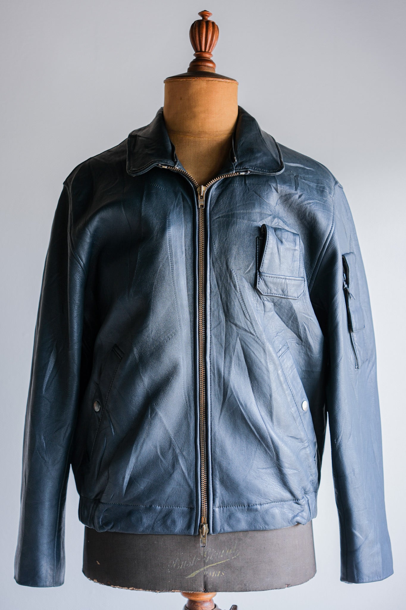［~70's］French Air Force Pilot Leather Jacket With Chin Strap Size.96M