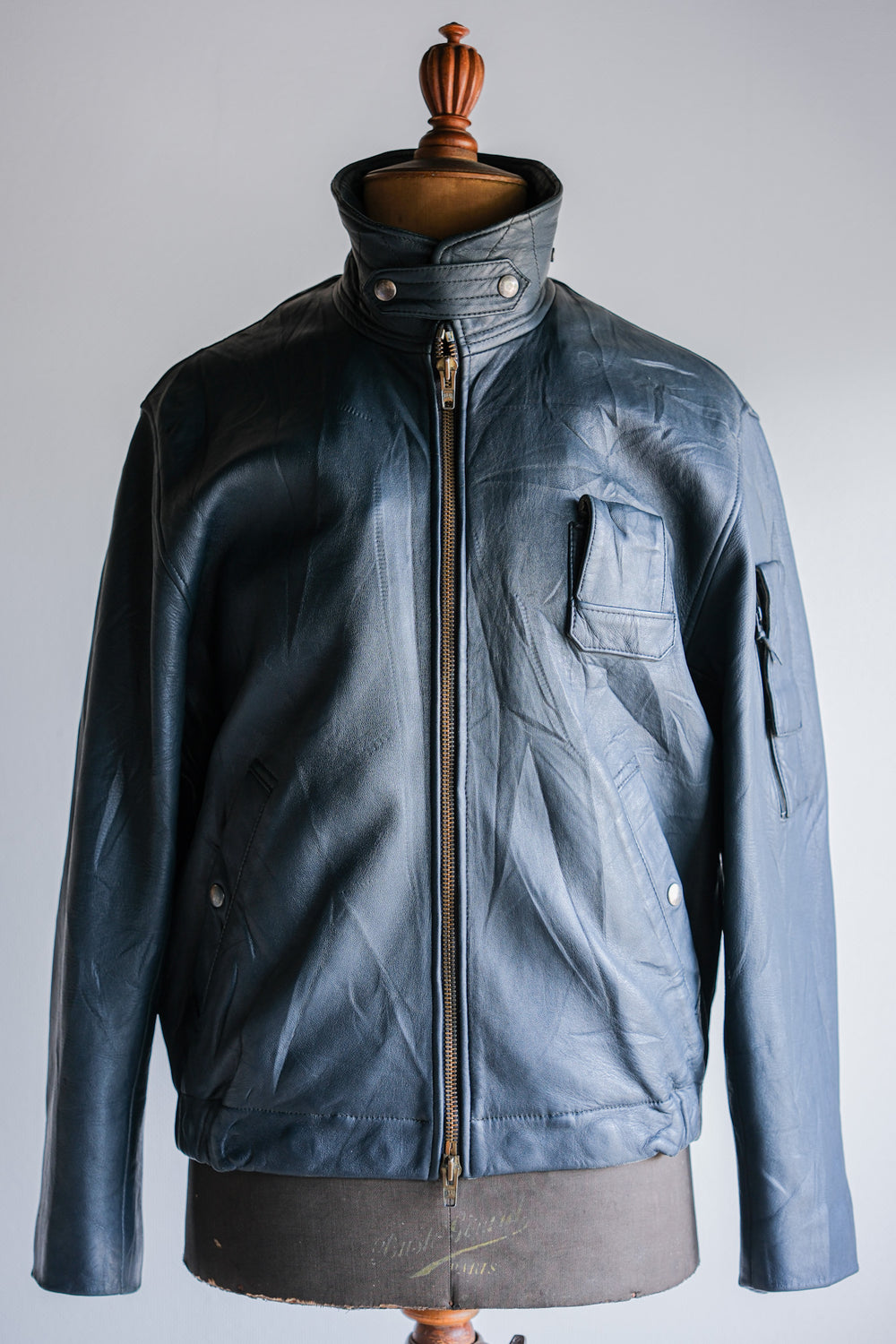 【~70's】French Air Force Pilot Leather Jacket With Chin Strap Size.96M