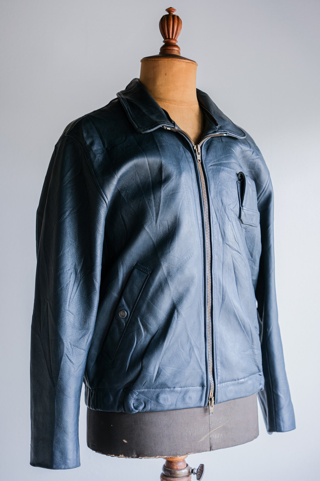 ［~70's］French Air Force Pilot Leather Jacket With Chin Strap Size.96M