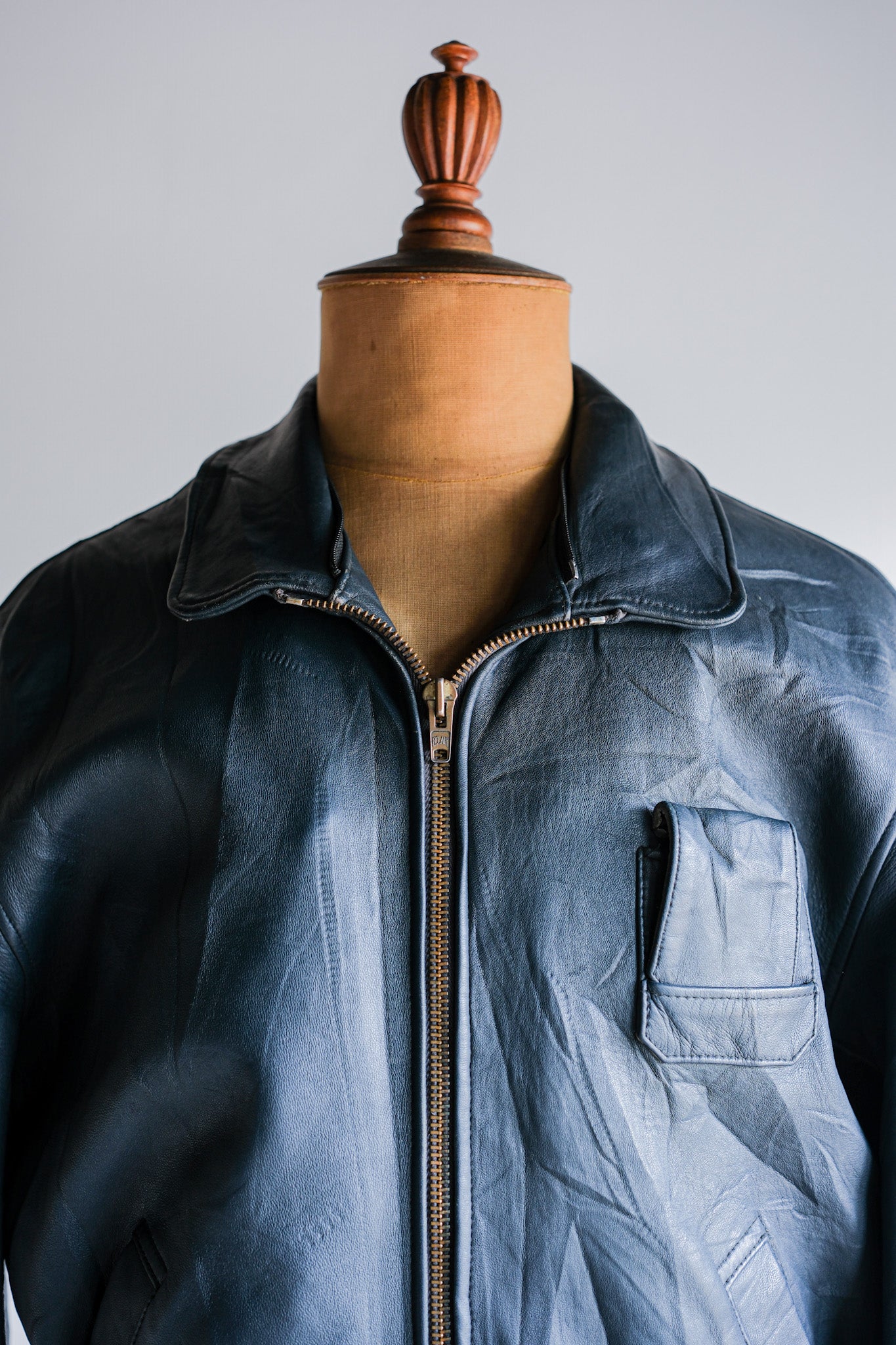 【~70's】French Air Force Pilot Leather Jacket With Chin Strap Size.96M