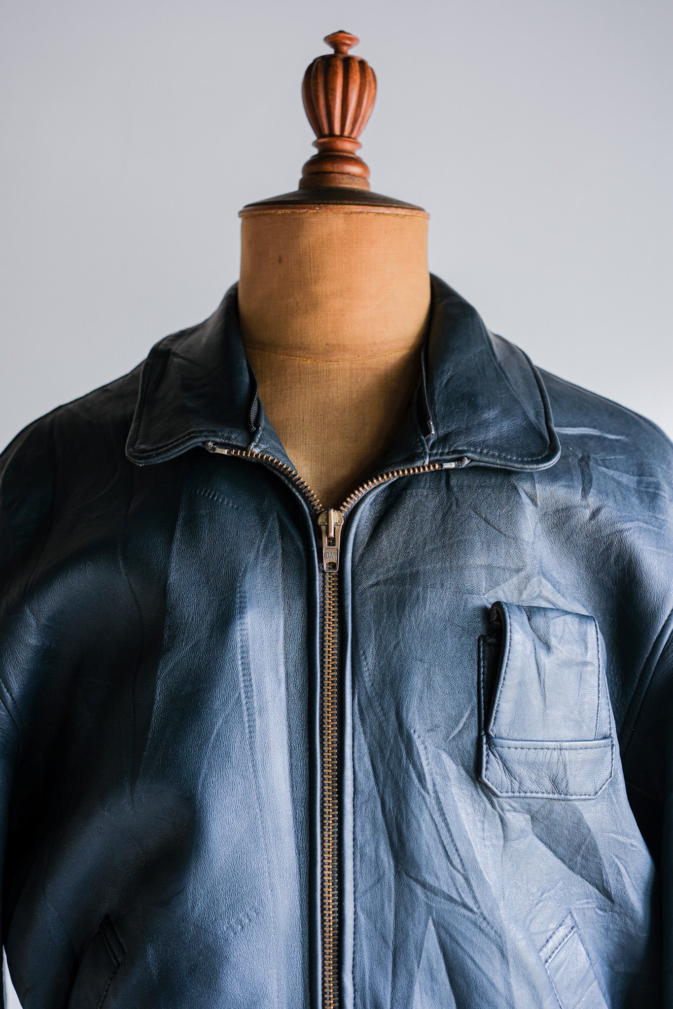 ［~70's］French Air Force Pilot Leather Jacket With Chin Strap Size.96M