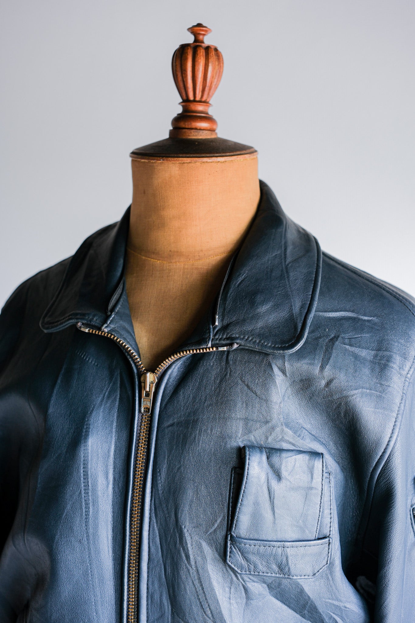 ［~70's］French Air Force Pilot Leather Jacket With Chin Strap Size.96M