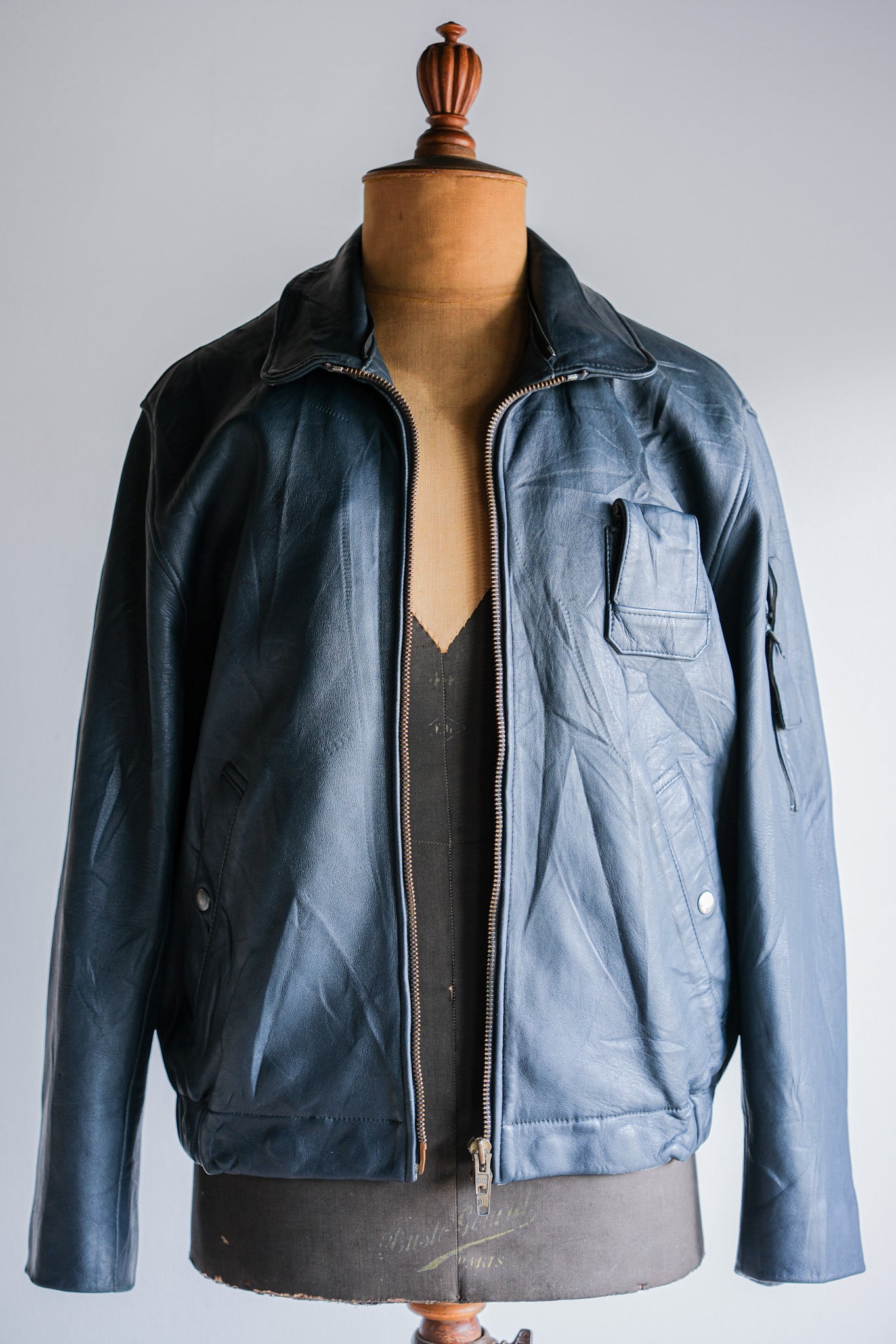 ［~70's］French Air Force Pilot Leather Jacket With Chin Strap Size.96M
