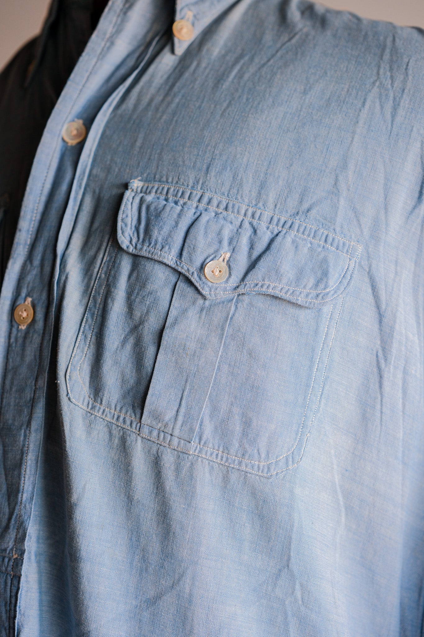 【~40's】French Vintage Chambray Grandpa Shirt