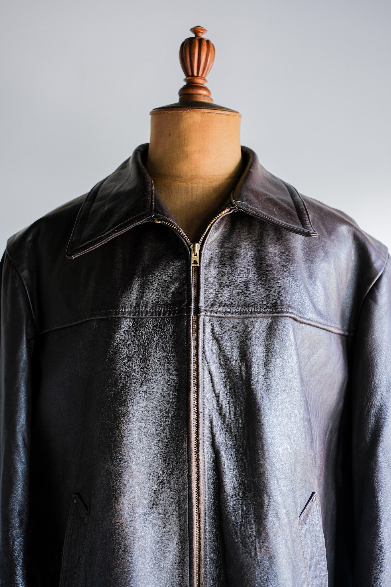[~ 50's] French Vintage Zip Up Leather Work Jacket Size.52 "Adolphe Lafont"