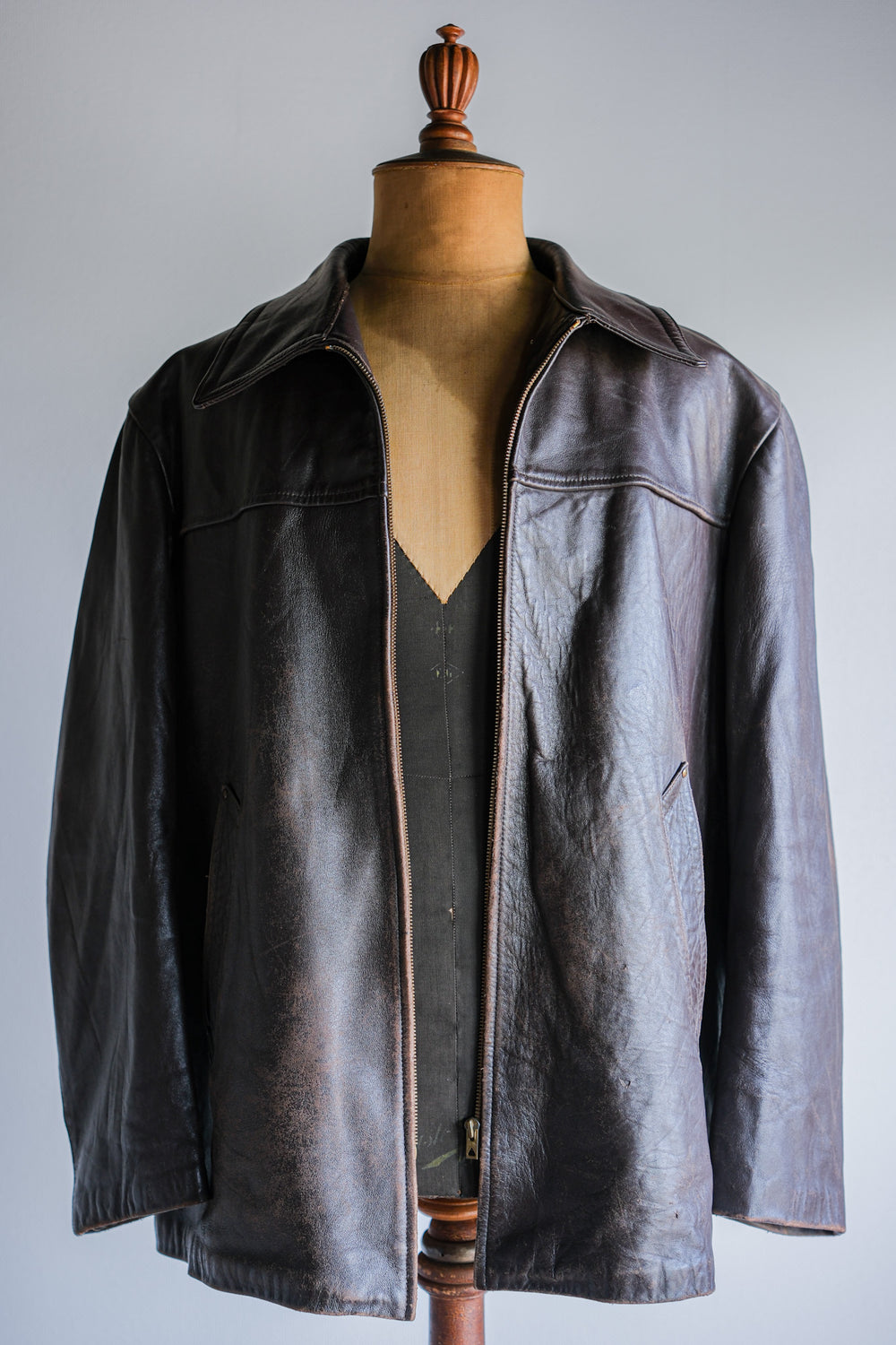 【~50's】French Vintage Zip Up Leather Work Jacket Size.52 "Adolphe Lafont"