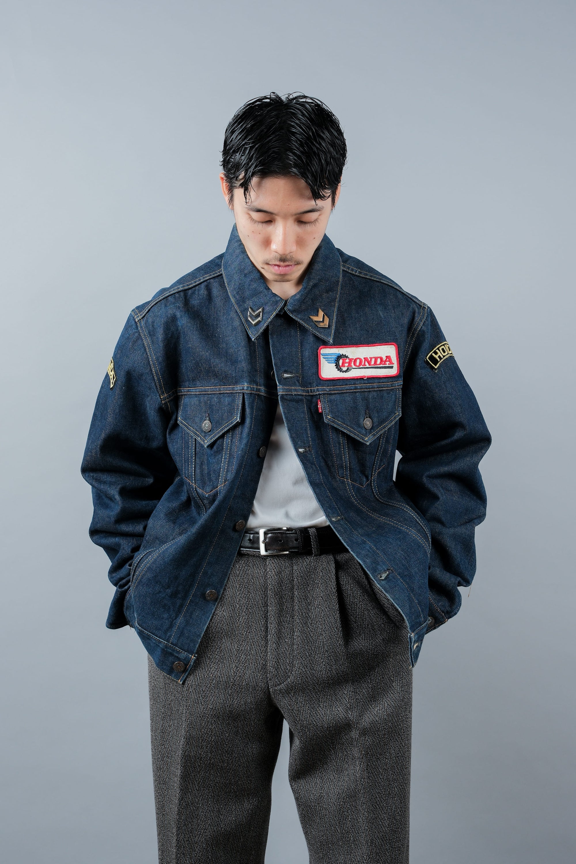 【~60's】Vintage Levi's 558 Denim Jacket Size.46 "Big E" "HONDA Custom"