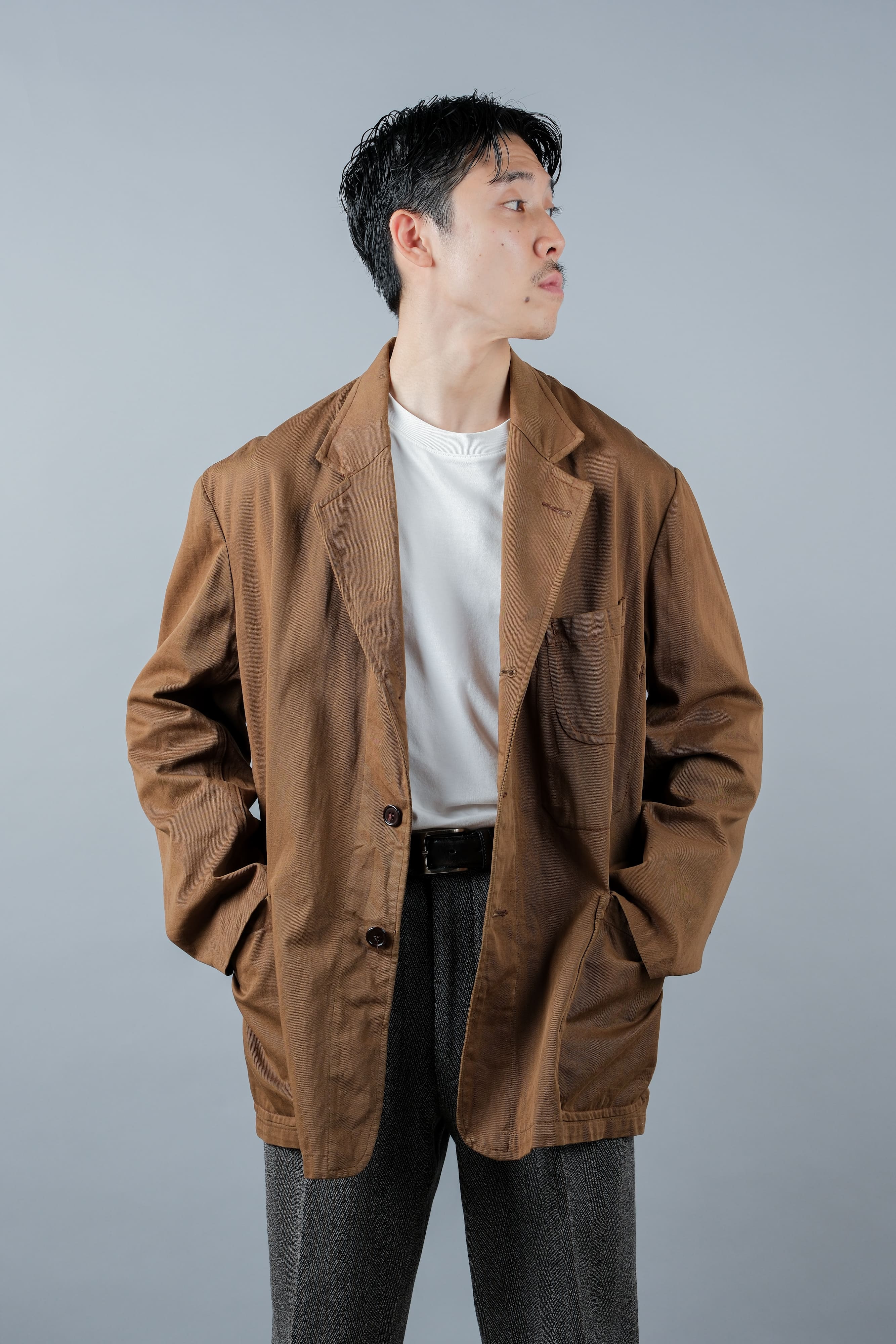 【~50's】French Vintage Brown Cotton Thin Twill Lapel Work Jacket "Adolphe Lafont"