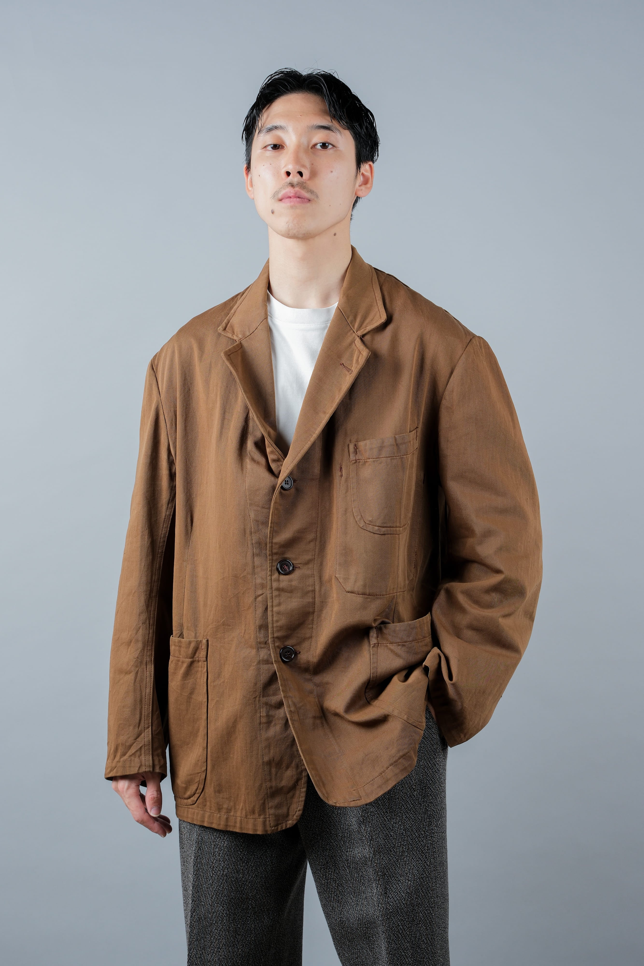 【~50's】French Vintage Brown Cotton Thin Twill Lapel Work Jacket "Adolphe Lafont"