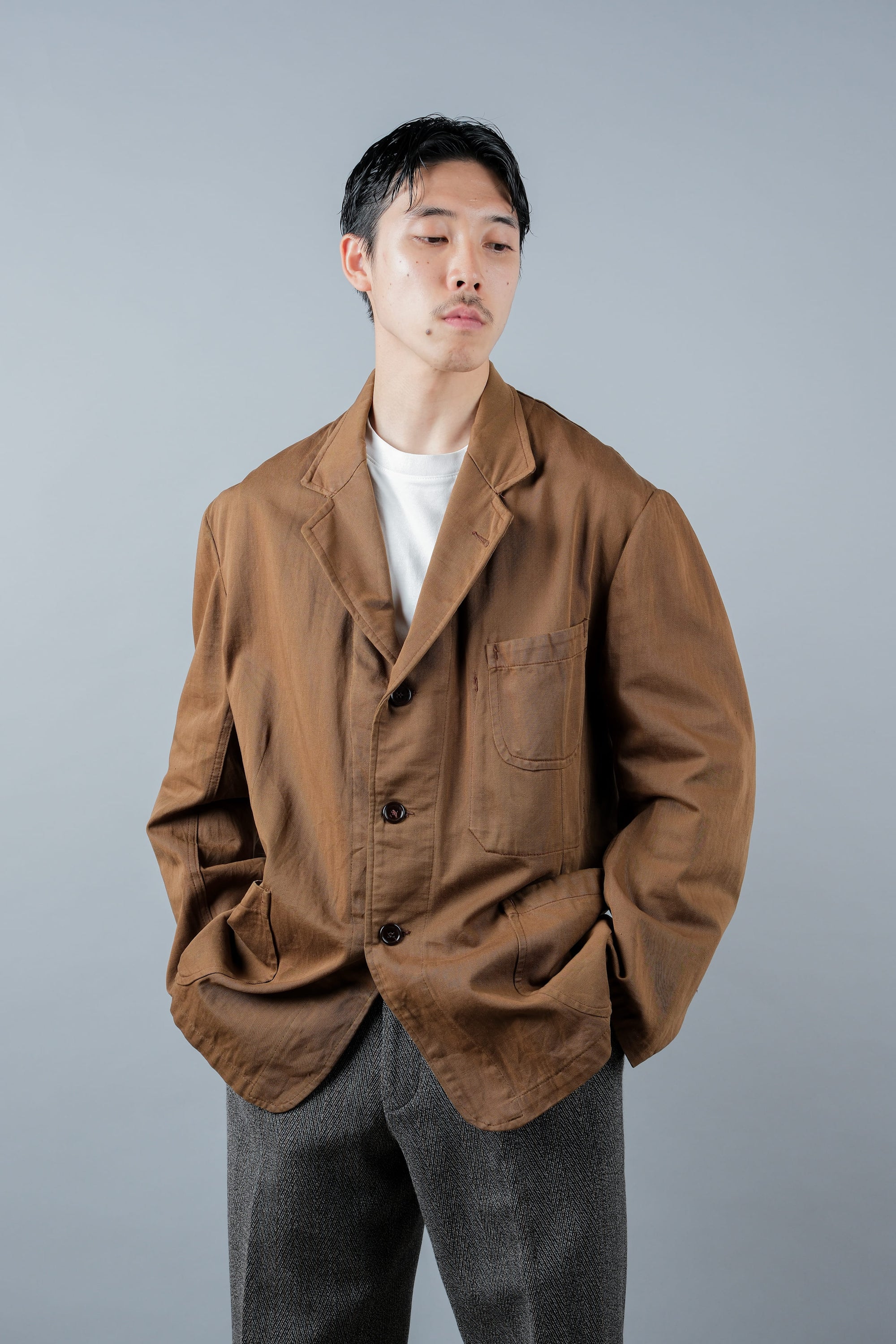 ［~50's］French Vintage Brown Cotton Thin Twill Lapel Work Jacket "Adolphe Lafont"