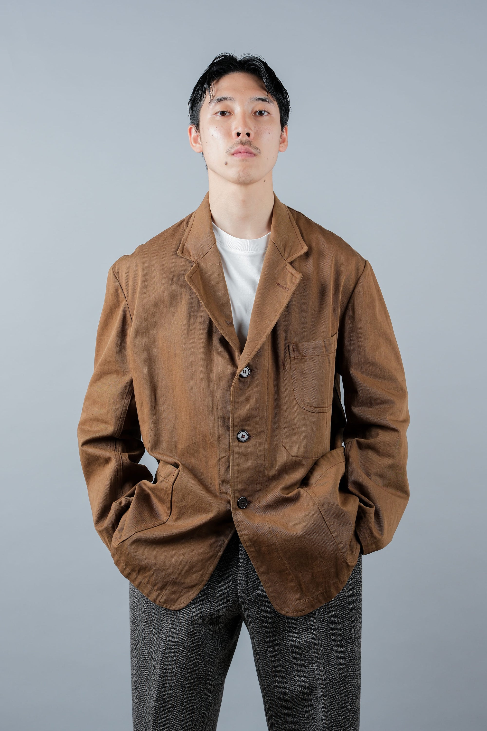 ［~50's］French Vintage Brown Cotton Thin Twill Lapel Work Jacket "Adolphe Lafont"