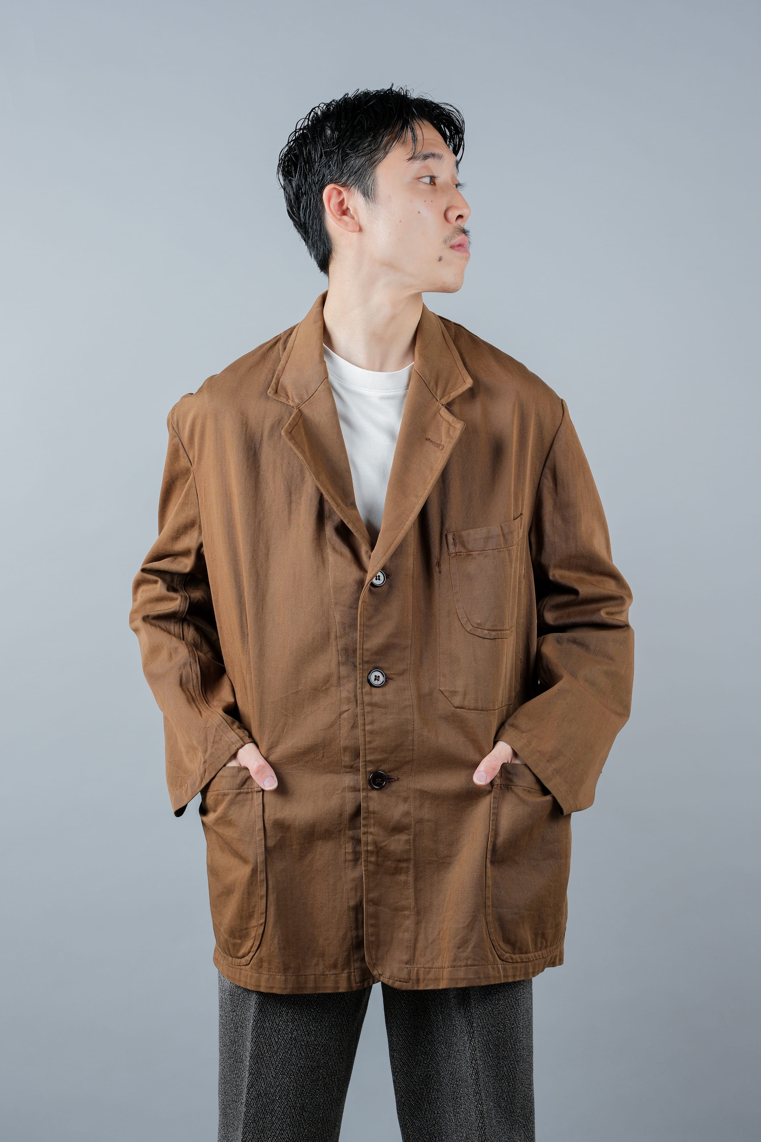 【~50's】French Vintage Brown Cotton Thin Twill Lapel Work Jacket "Adolphe Lafont"