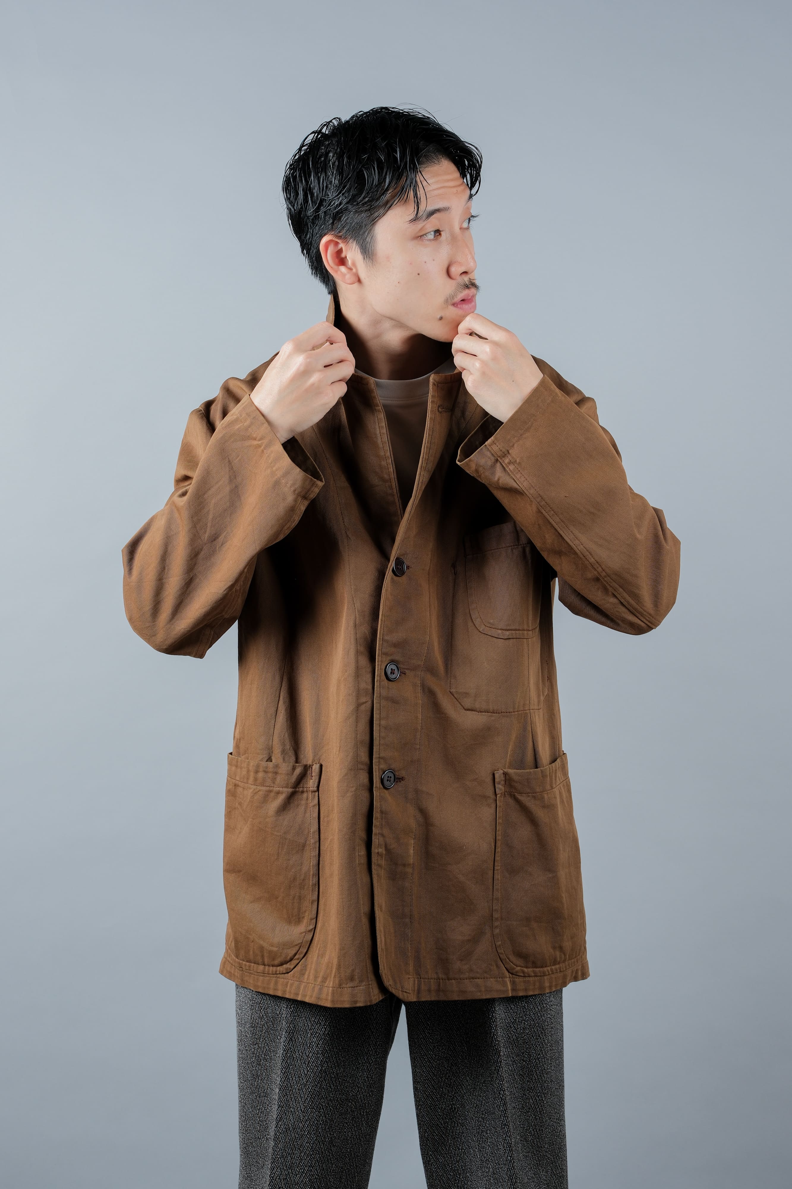 【~50's】French Vintage Brown Cotton Thin Twill Lapel Work Jacket "Adolphe Lafont"