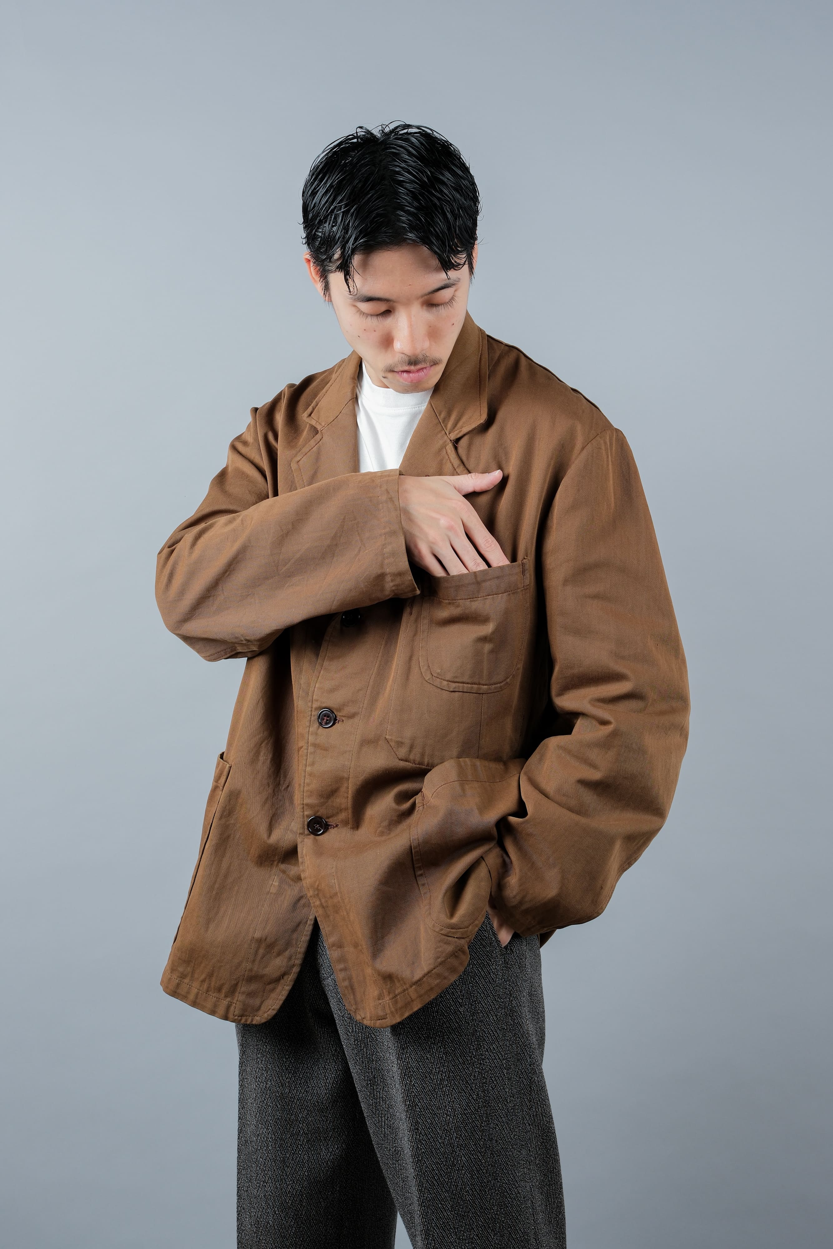 【~50's】French Vintage Brown Cotton Thin Twill Lapel Work Jacket "Adolphe Lafont"