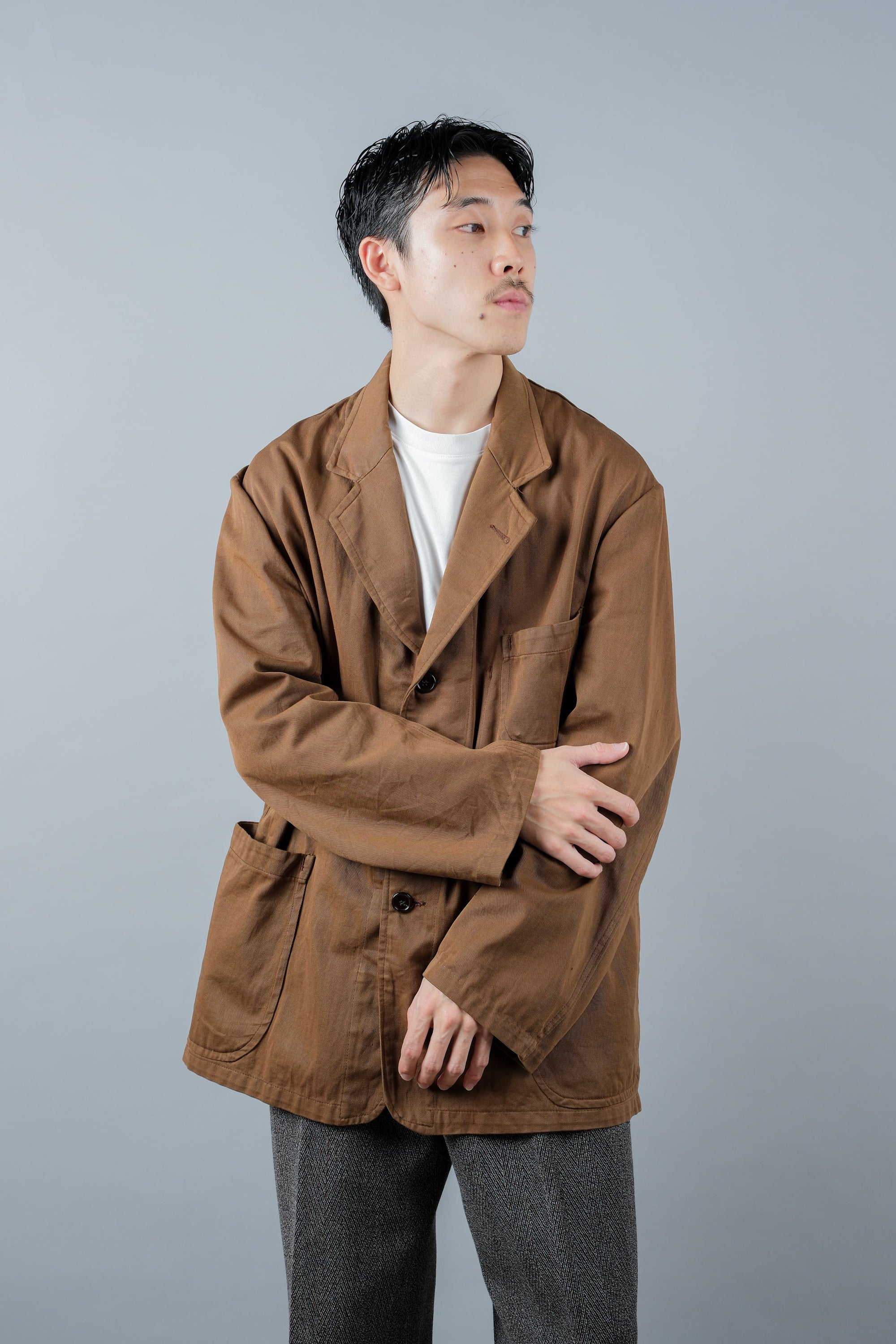 ［~50's］French Vintage Brown Cotton Thin Twill Lapel Work Jacket "Adolphe Lafont"