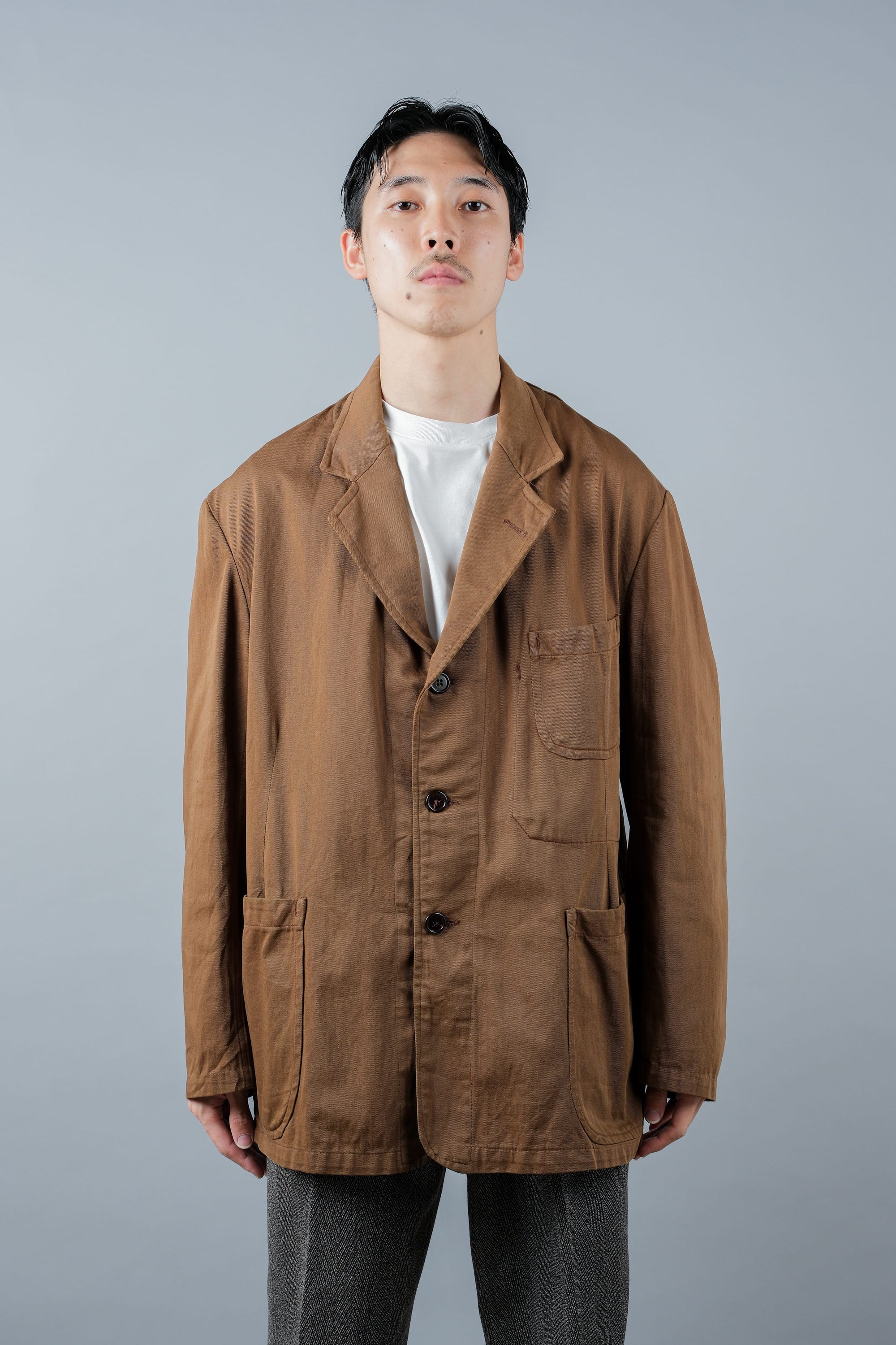 ［~50's］French Vintage Brown Cotton Thin Twill Lapel Work Jacket "Adolphe Lafont"