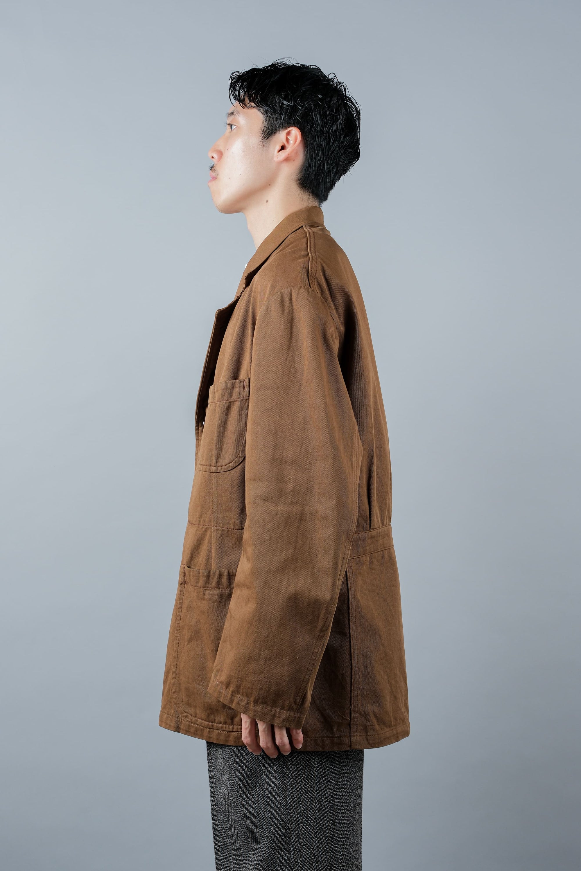 ［~50's］French Vintage Brown Cotton Thin Twill Lapel Work Jacket "Adolphe Lafont"