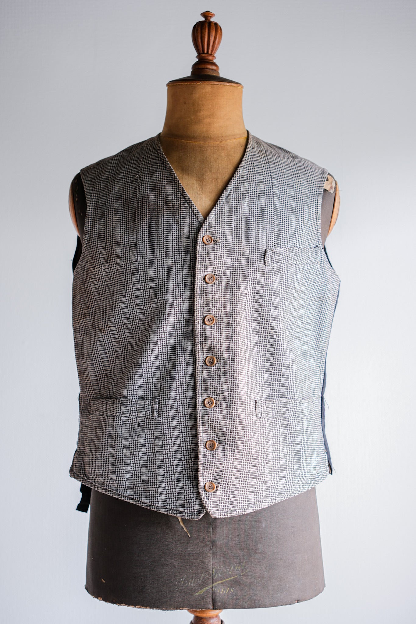 ［~30's］French Vintage Houndstooth Cotton Work Gilet "Unusual Fabric"