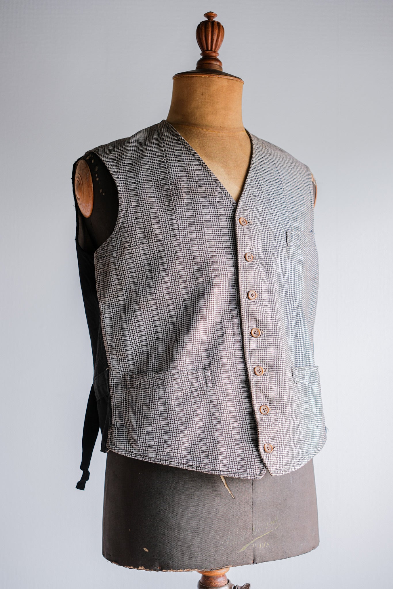 ［~30's］French Vintage Houndstooth Cotton Work Gilet "Unusual Fabric"