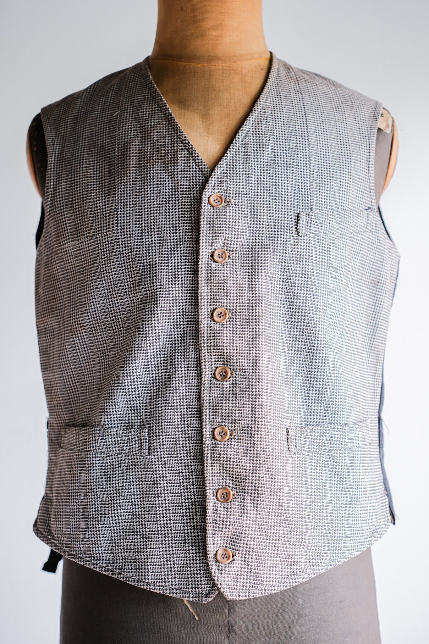［~30's］French Vintage Houndstooth Cotton Work Gilet "Unusual Fabric"