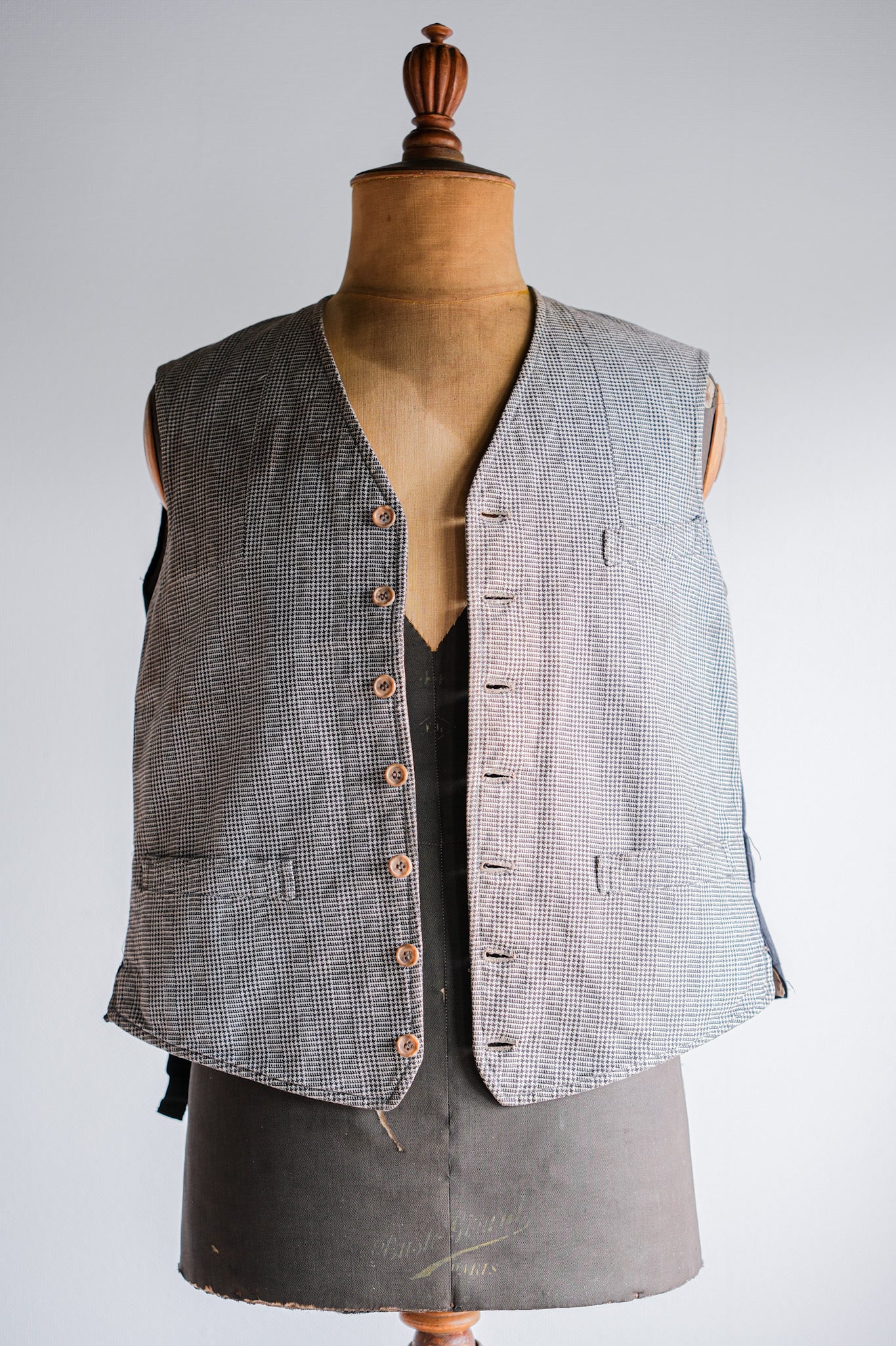 [~ 30's] French Vintage Houndstooth Cotton Work Gilet "ผ้าที่ผิดปกติ"