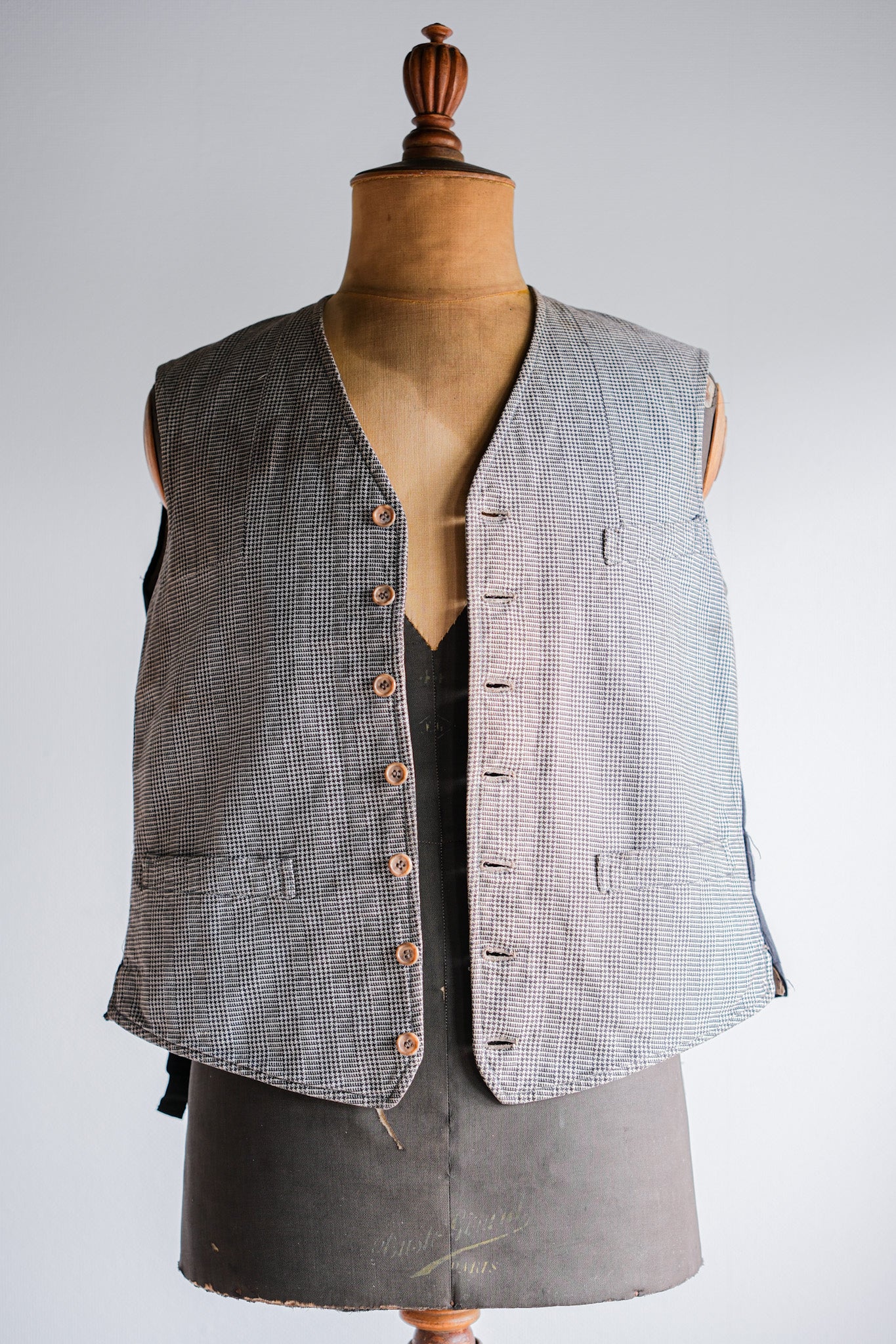 ［~30's］French Vintage Houndstooth Cotton Work Gilet "Unusual Fabric"