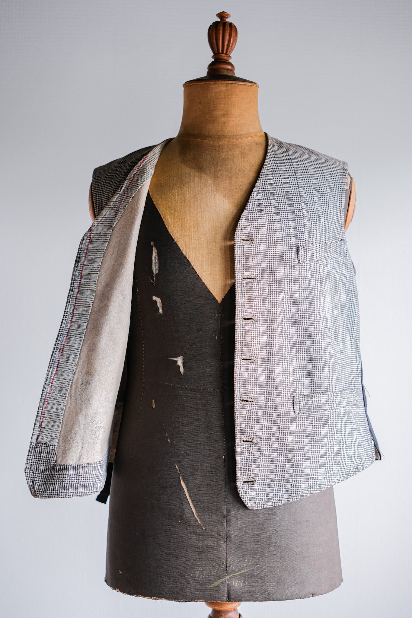 ［~30's］French Vintage Houndstooth Cotton Work Gilet "Unusual Fabric"