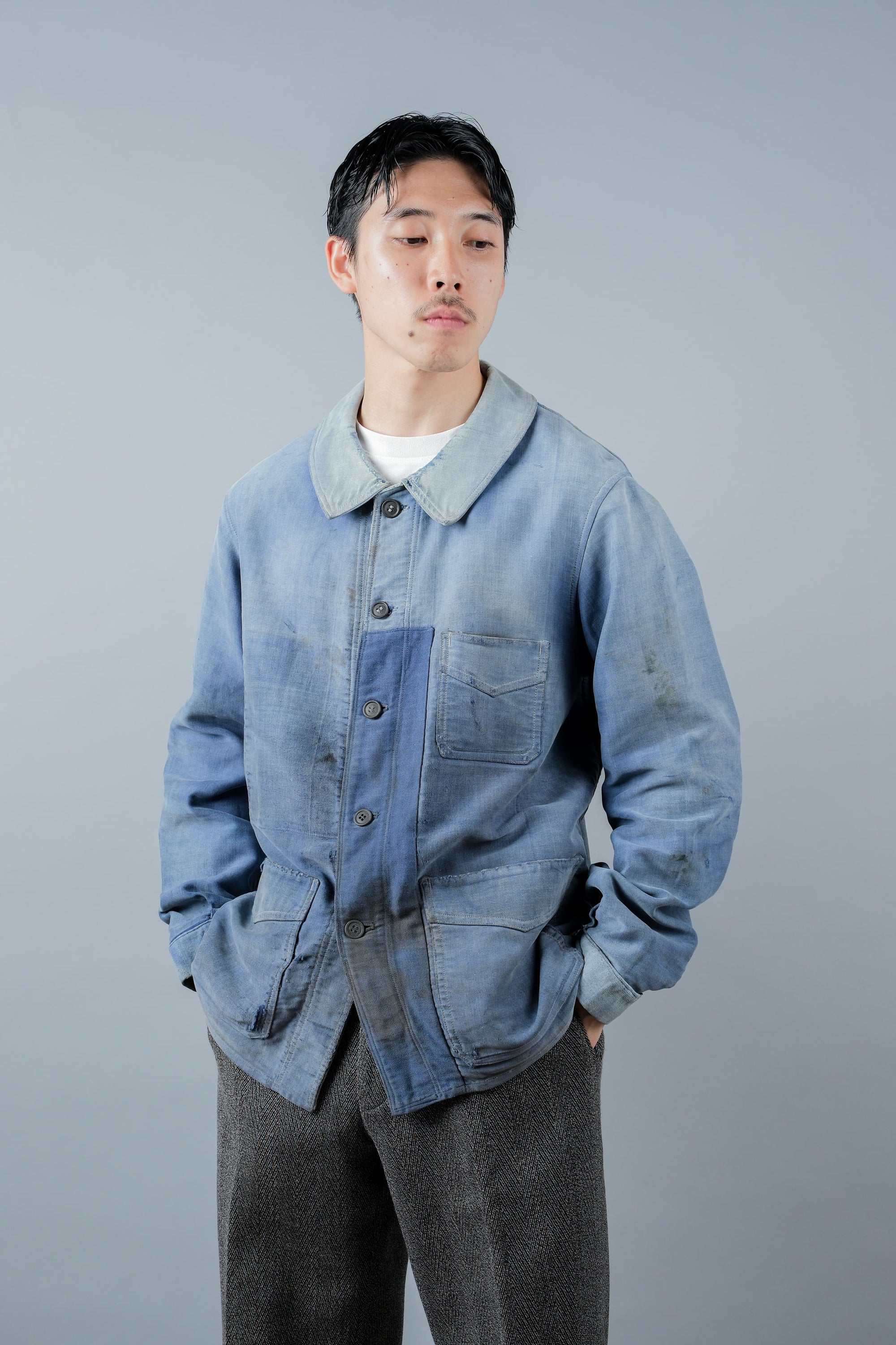 ［~40’s］French Vintage Blue Moleskin Work Jacket "Le Mont St. Michel"