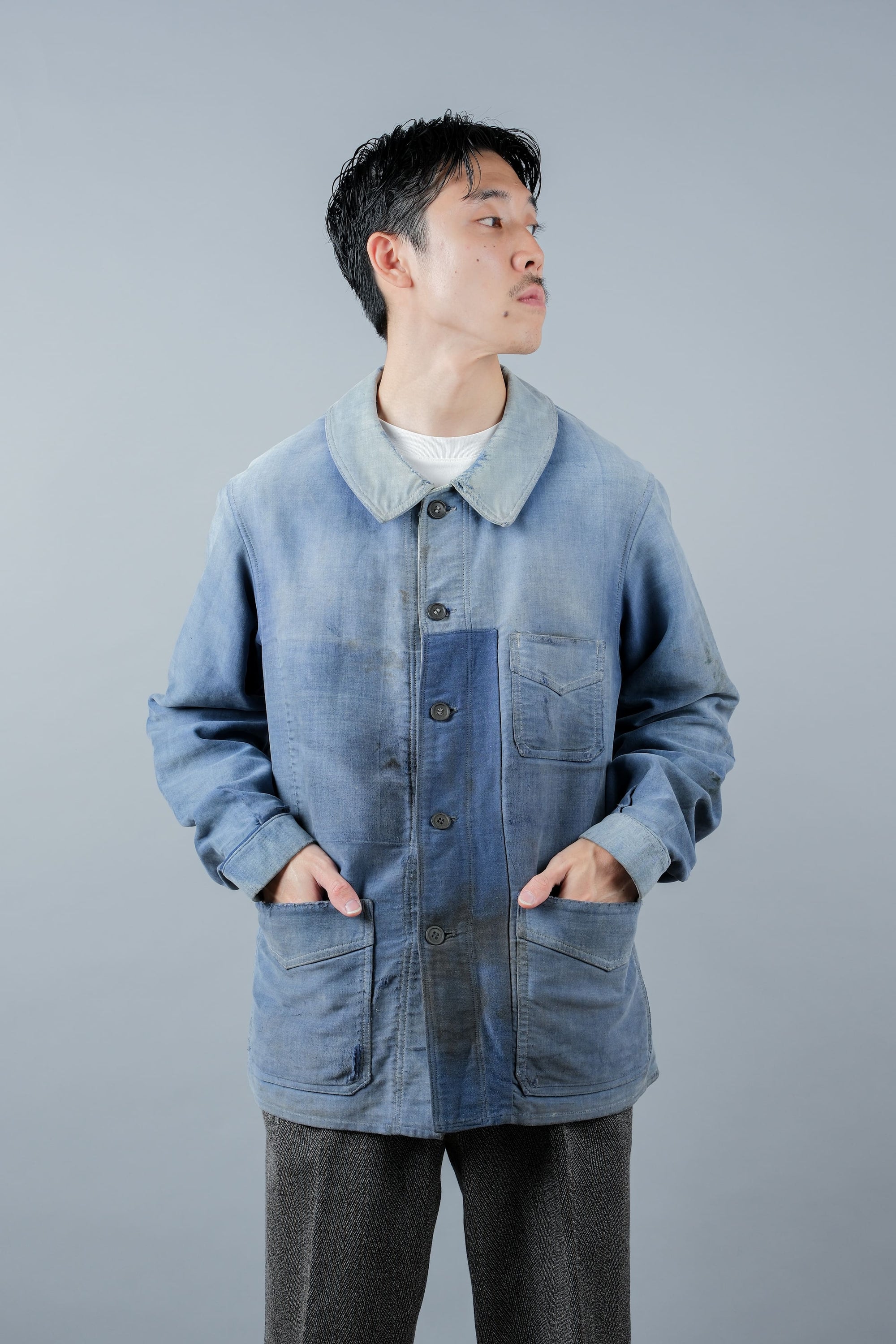 ［~40’s］French Vintage Blue Moleskin Work Jacket "Le Mont St. Michel"