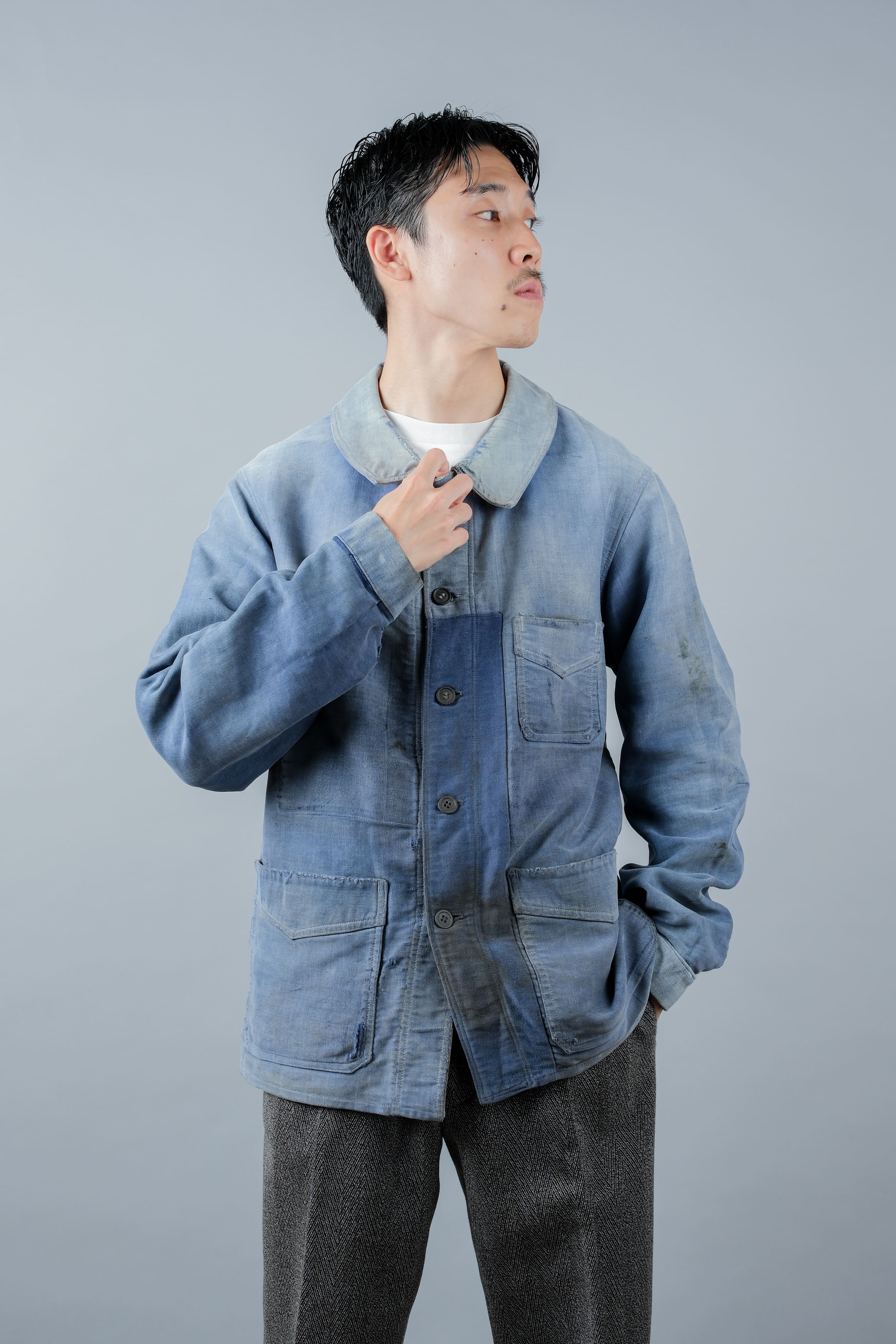 【~40’s】French Vintage Blue Moleskin Work Jacket "Le Mont St. Michel"