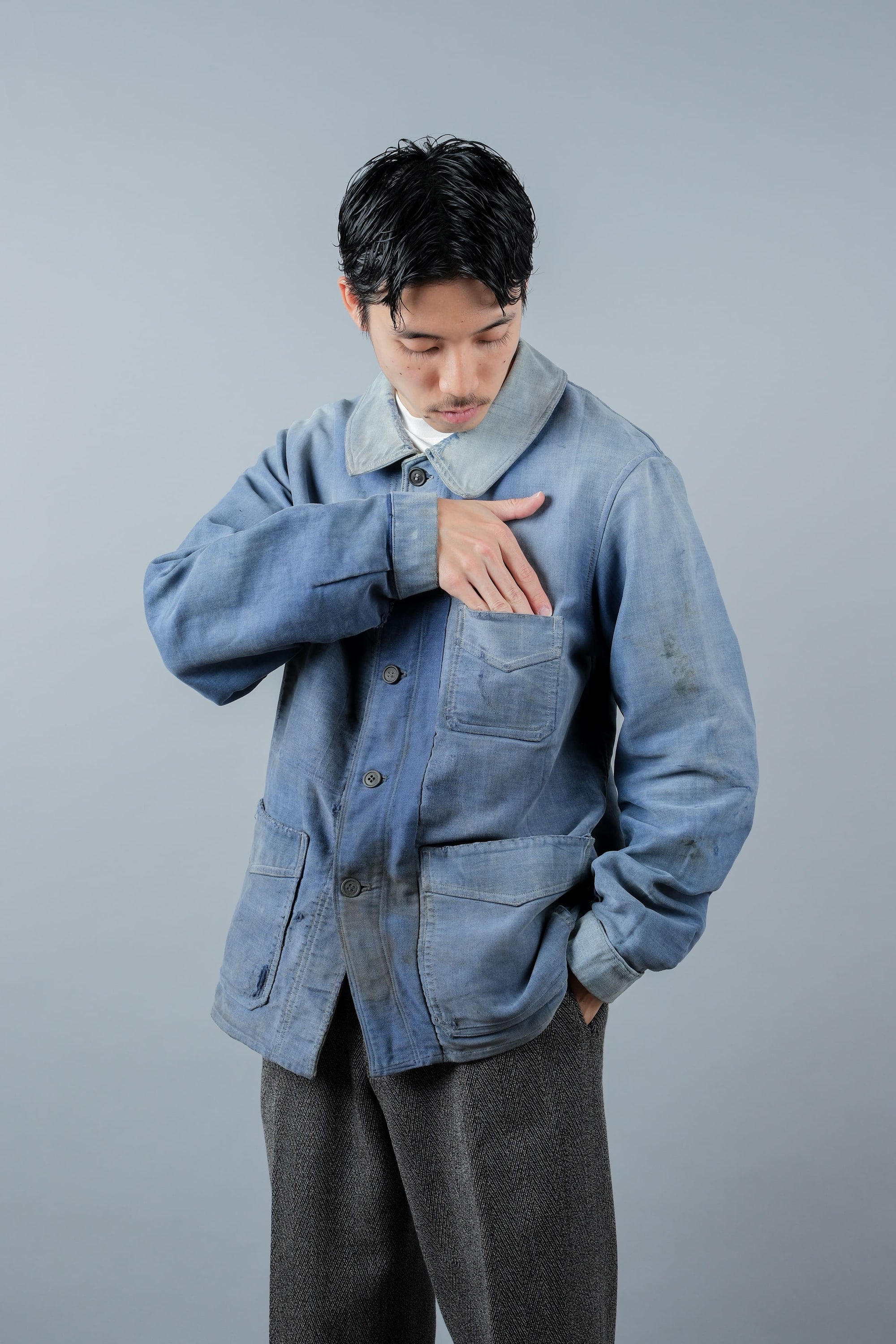 ［~40’s］French Vintage Blue Moleskin Work Jacket "Le Mont St. Michel"