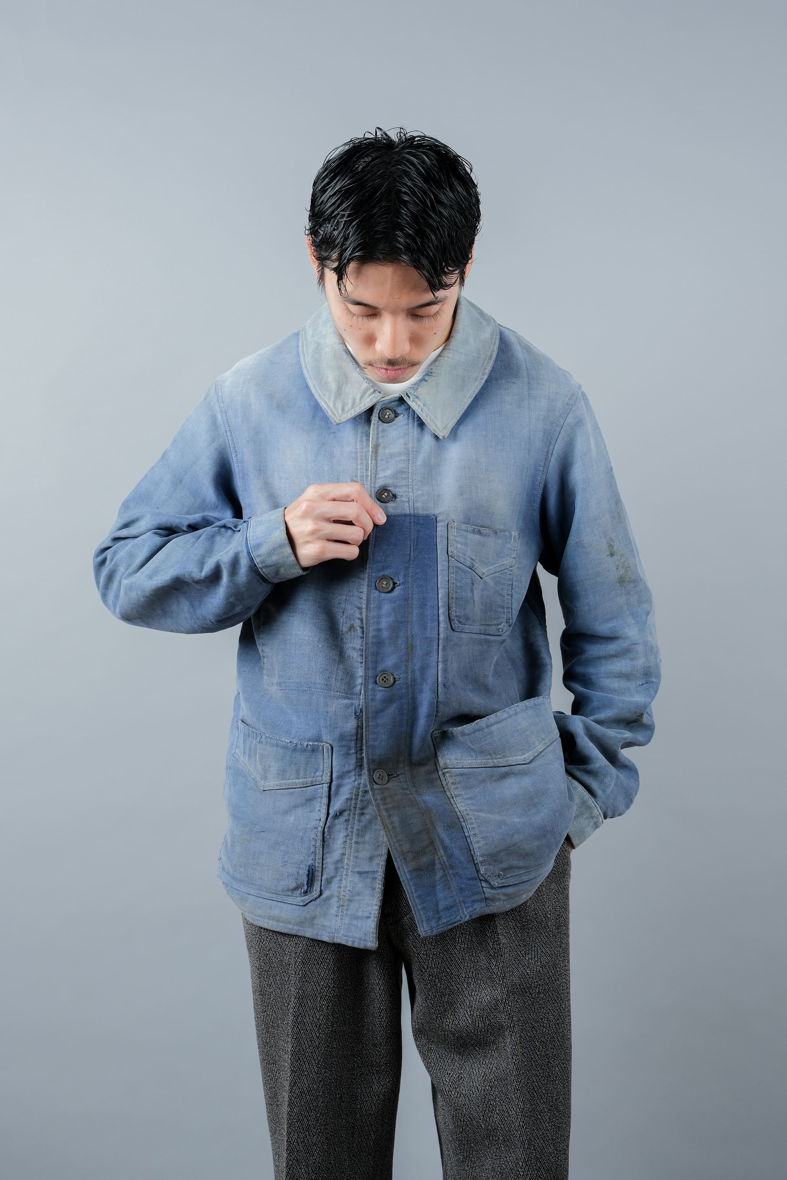 【~40’s】French Vintage Blue Moleskin Work Jacket "Le Mont St. Michel"